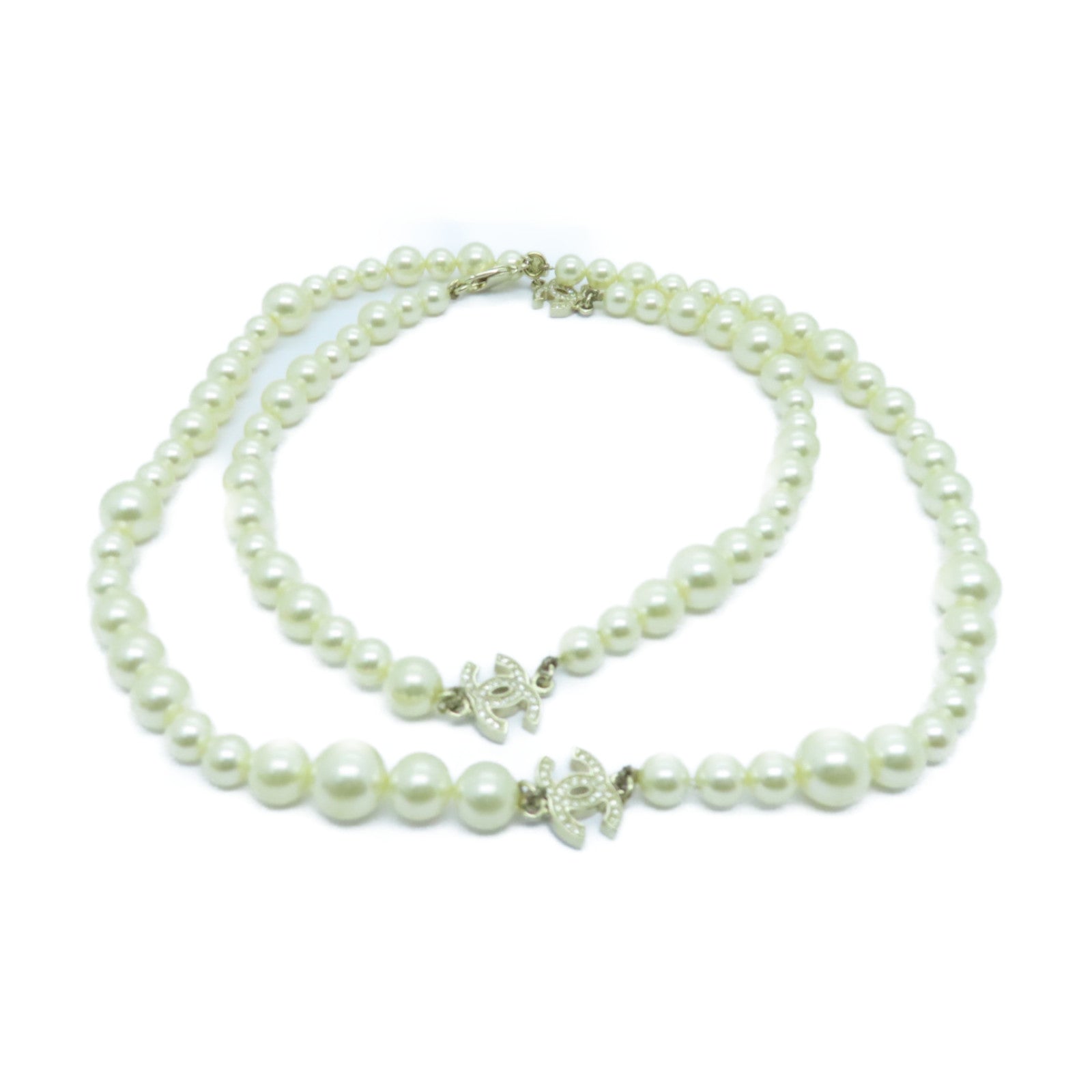 CHANEL 仿珍珠/金屬Necklace金扣項鍊白色/金色