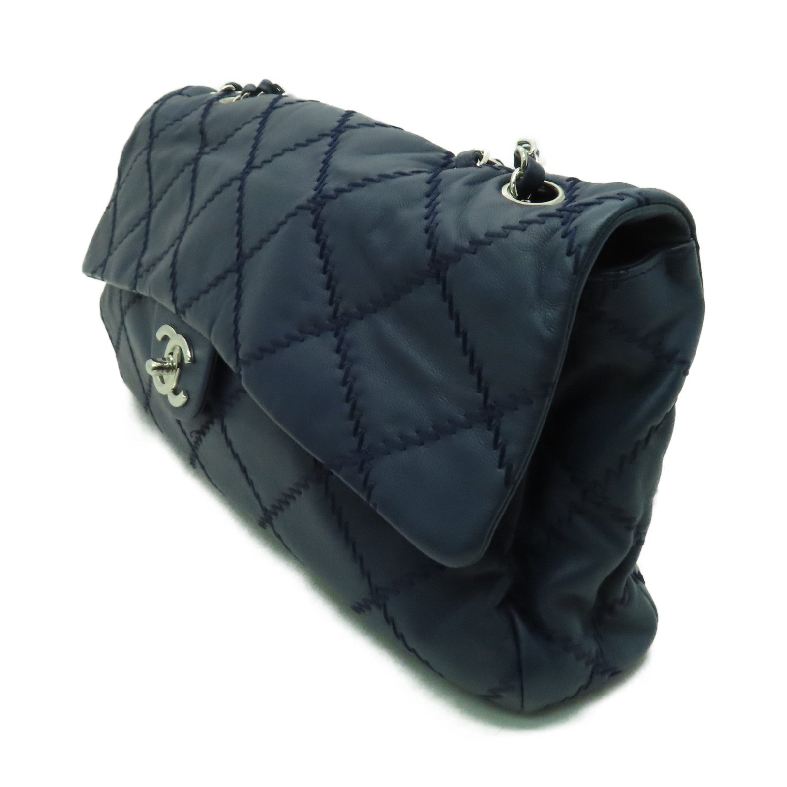 CHANEL 菱格牛皮皮革Chain Shoulder銀扣鏈帶肩背袋深藍色