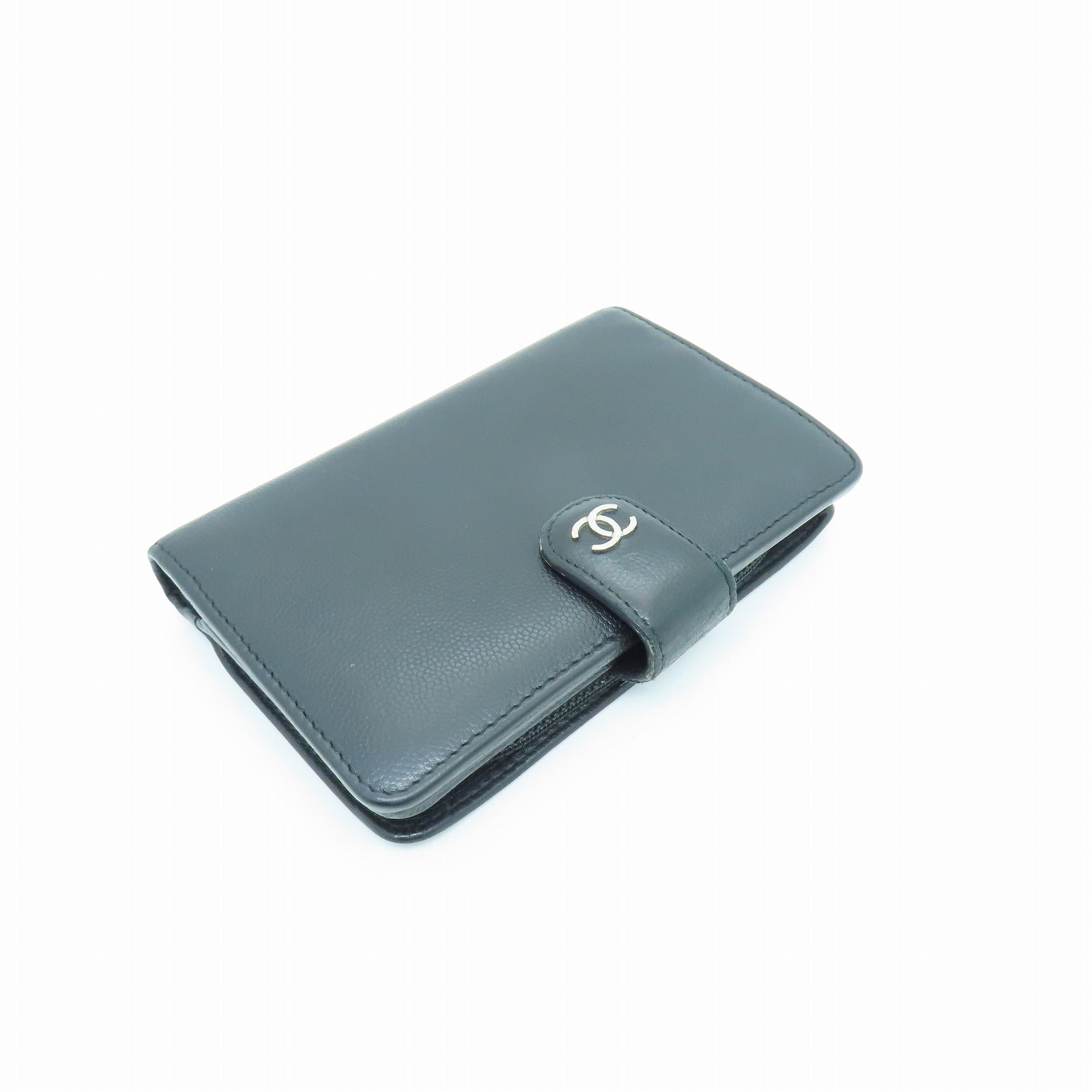 CHANEL 皮革Wallet銀扣錢包黑色