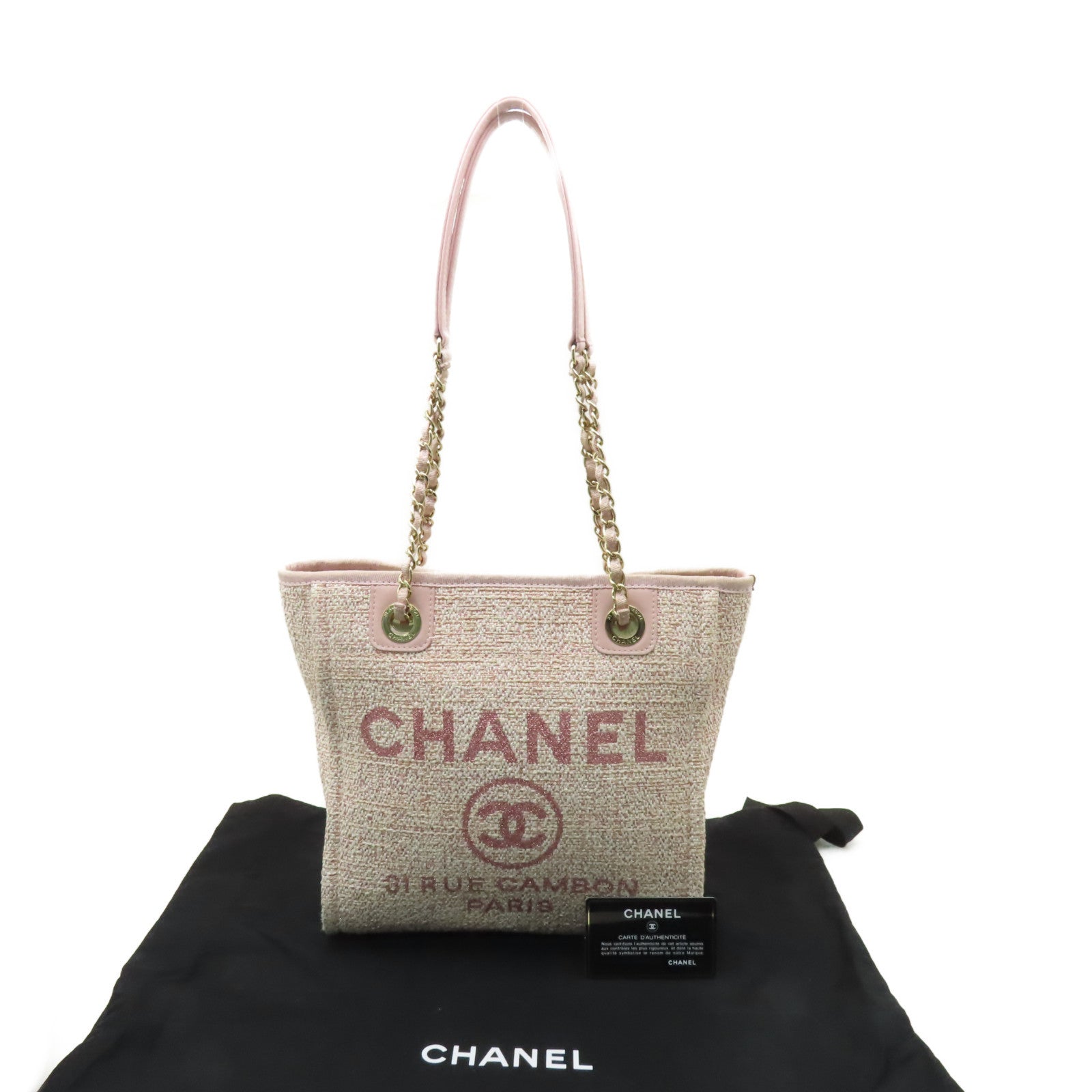 CHANEL 混合纖維Deauville Tote Shoulder Bag金扣鏈帶肩背帶粉紅色