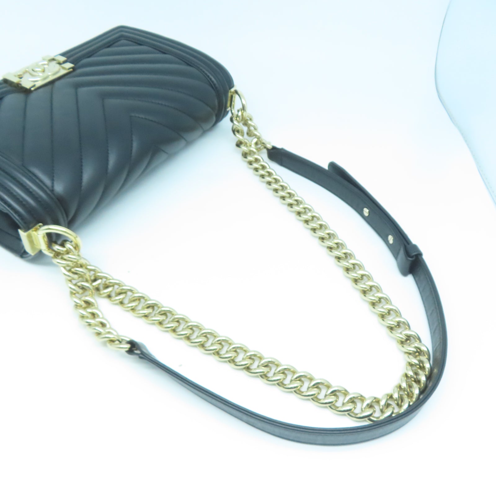 CHANEL 【激減優惠】斜紋羊皮皮革Chanel Boy 25金扣鏈帶肩背袋黑色
