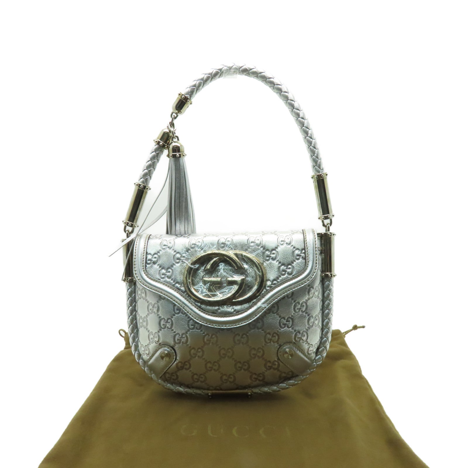 GUCCI 皮革Hand Bag銀扣手挽袋銀色