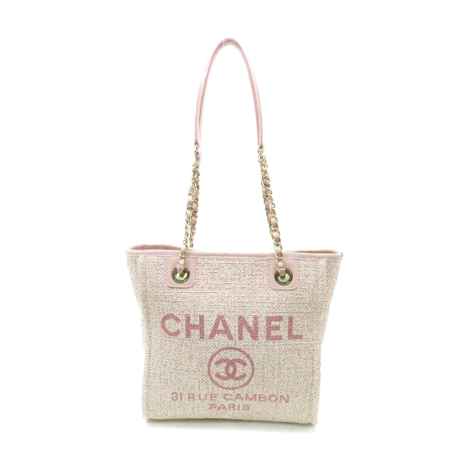 CHANEL 混合纖維Deauville Tote Shoulder Bag金扣鏈帶肩背帶粉紅色