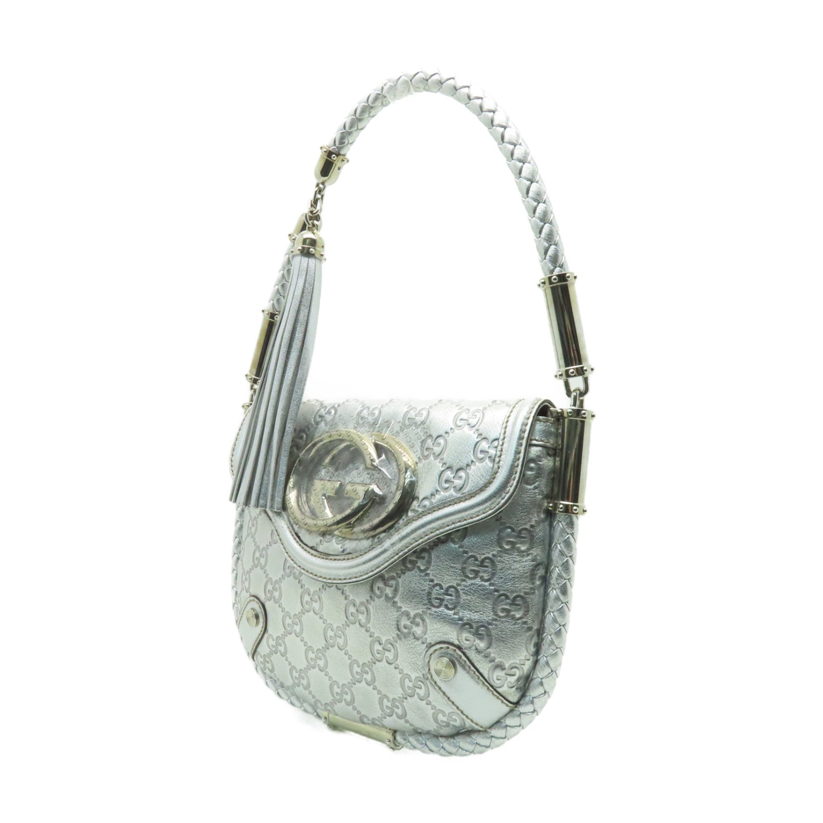 GUCCI 皮革Hand Bag銀扣手挽袋銀色