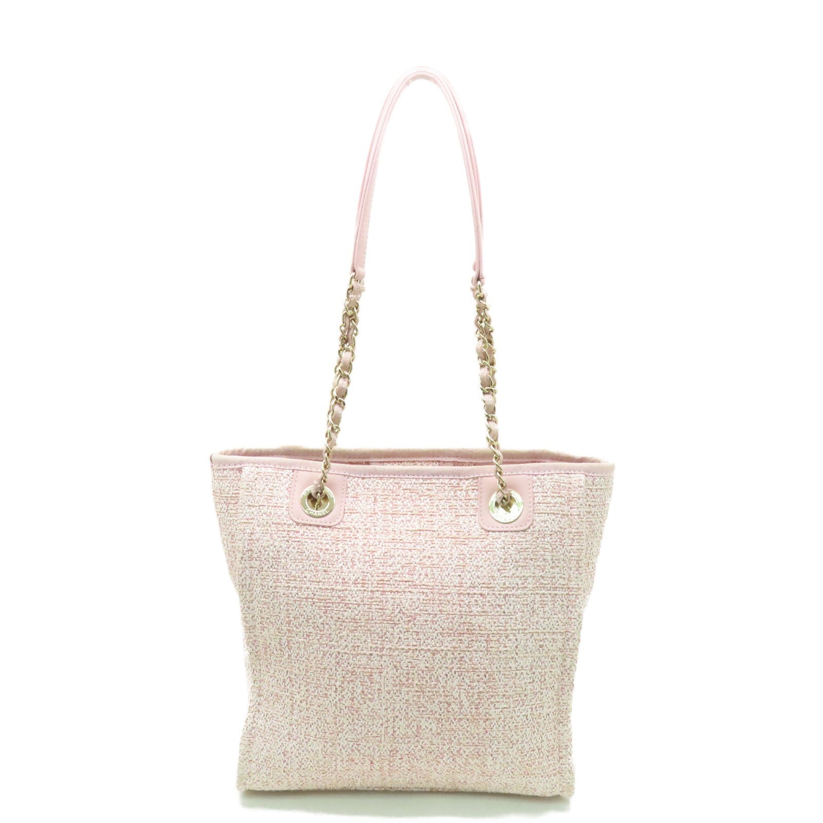 CHANEL 混合纖維Deauville Tote Shoulder Bag金扣鏈帶肩背帶粉紅色