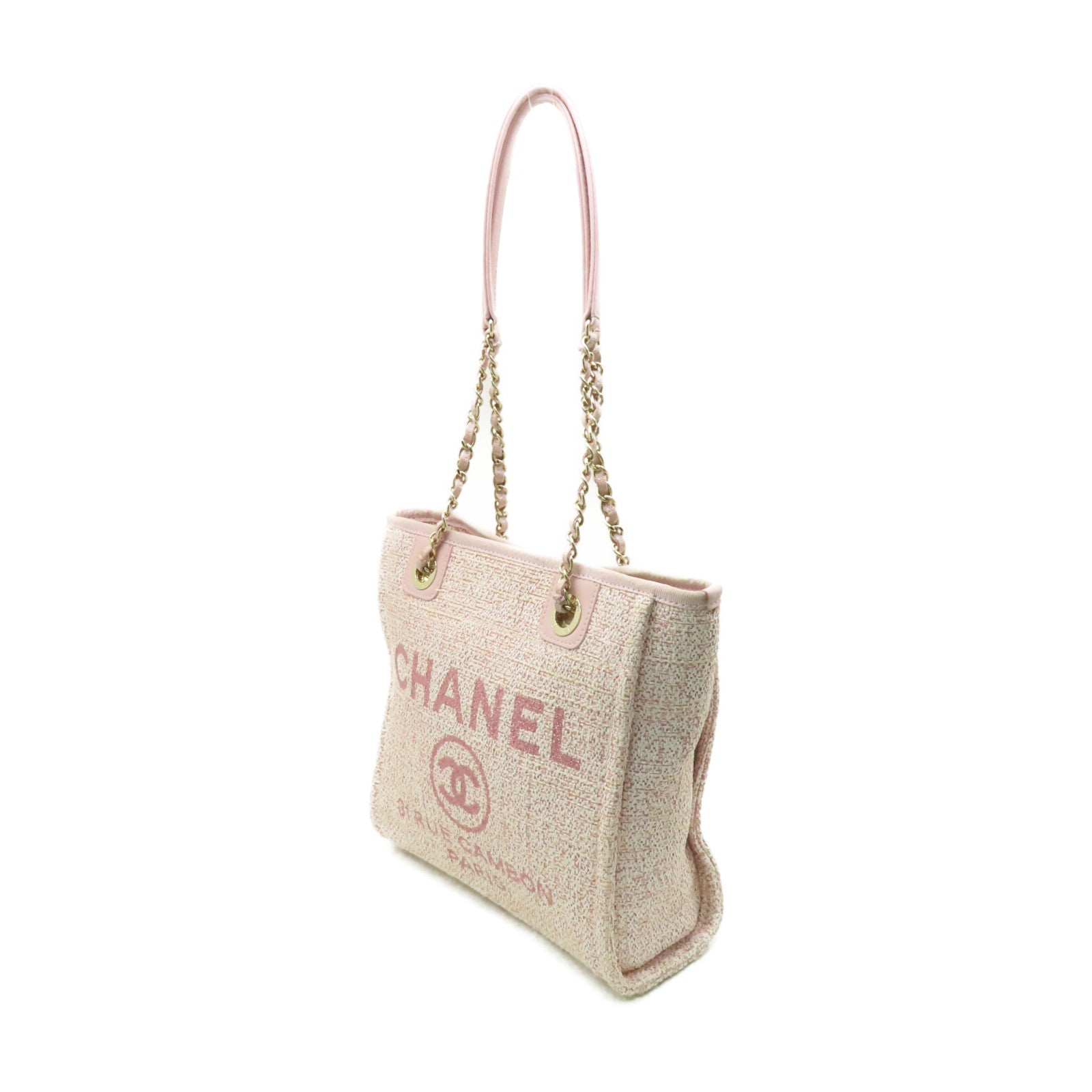 CHANEL 混合纖維Deauville Tote Shoulder Bag金扣鏈帶肩背帶粉紅色
