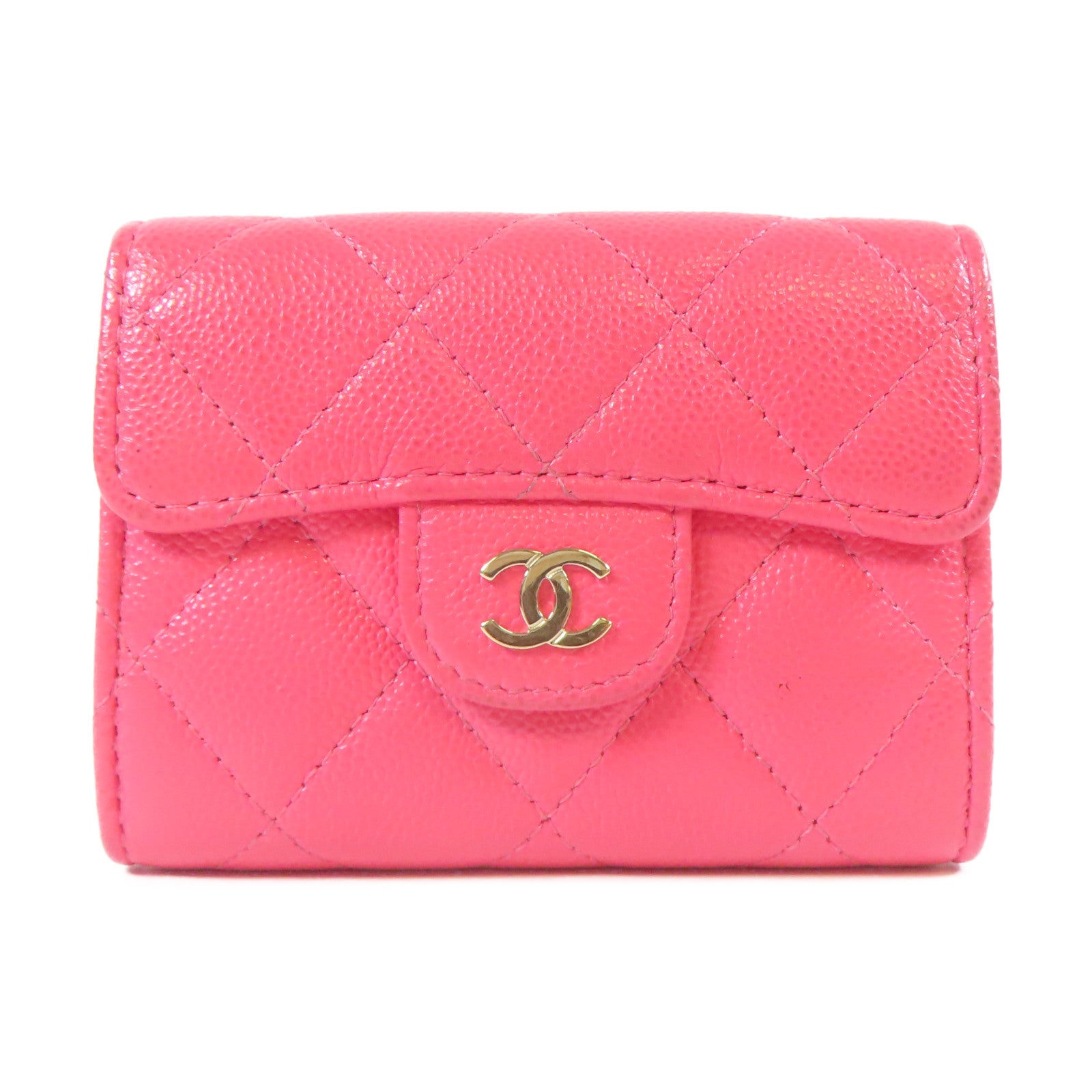 CHANEL 菱格牛皮皮革Card Case金扣卡片套粉紅色