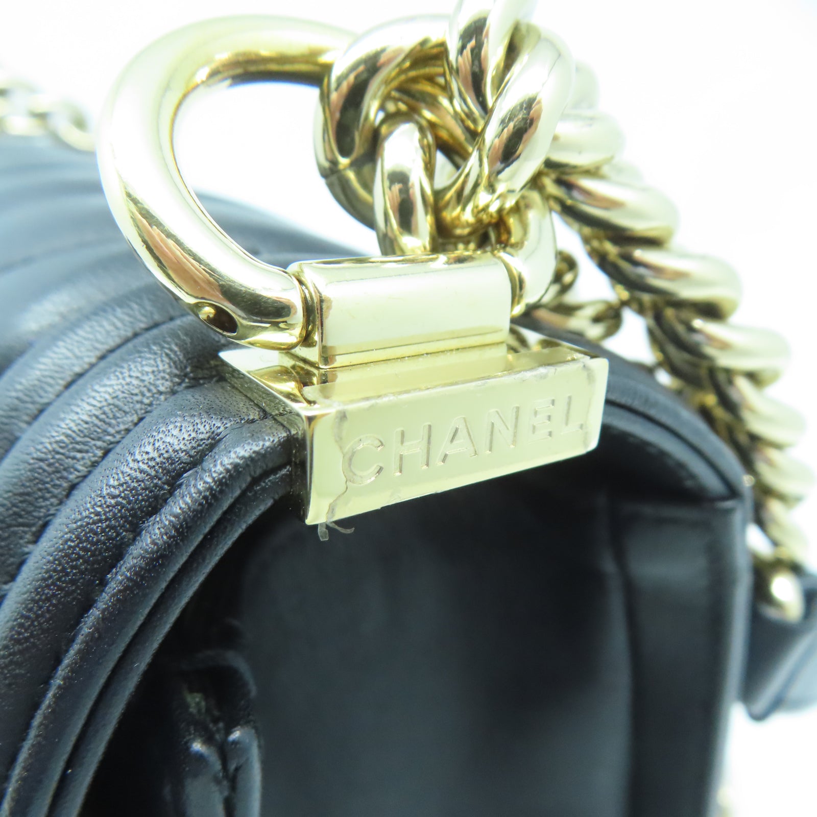 CHANEL 【激減優惠】斜紋羊皮皮革Chanel Boy 25金扣鏈帶肩背袋黑色