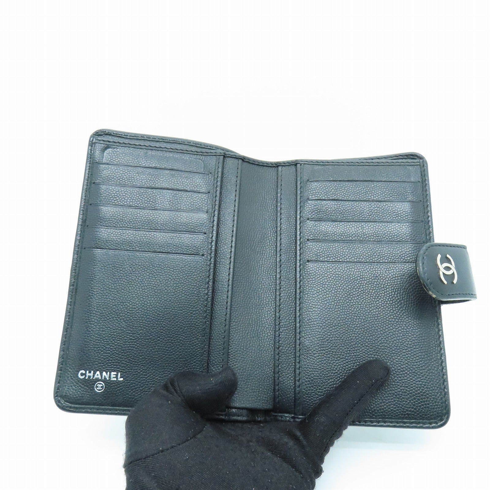 CHANEL 皮革Wallet銀扣錢包黑色