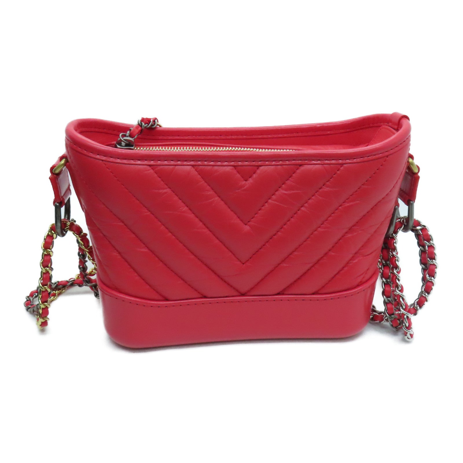 CHANEL 斜纹牛皮皮革Small Gabrielle链条肩背袋红色
