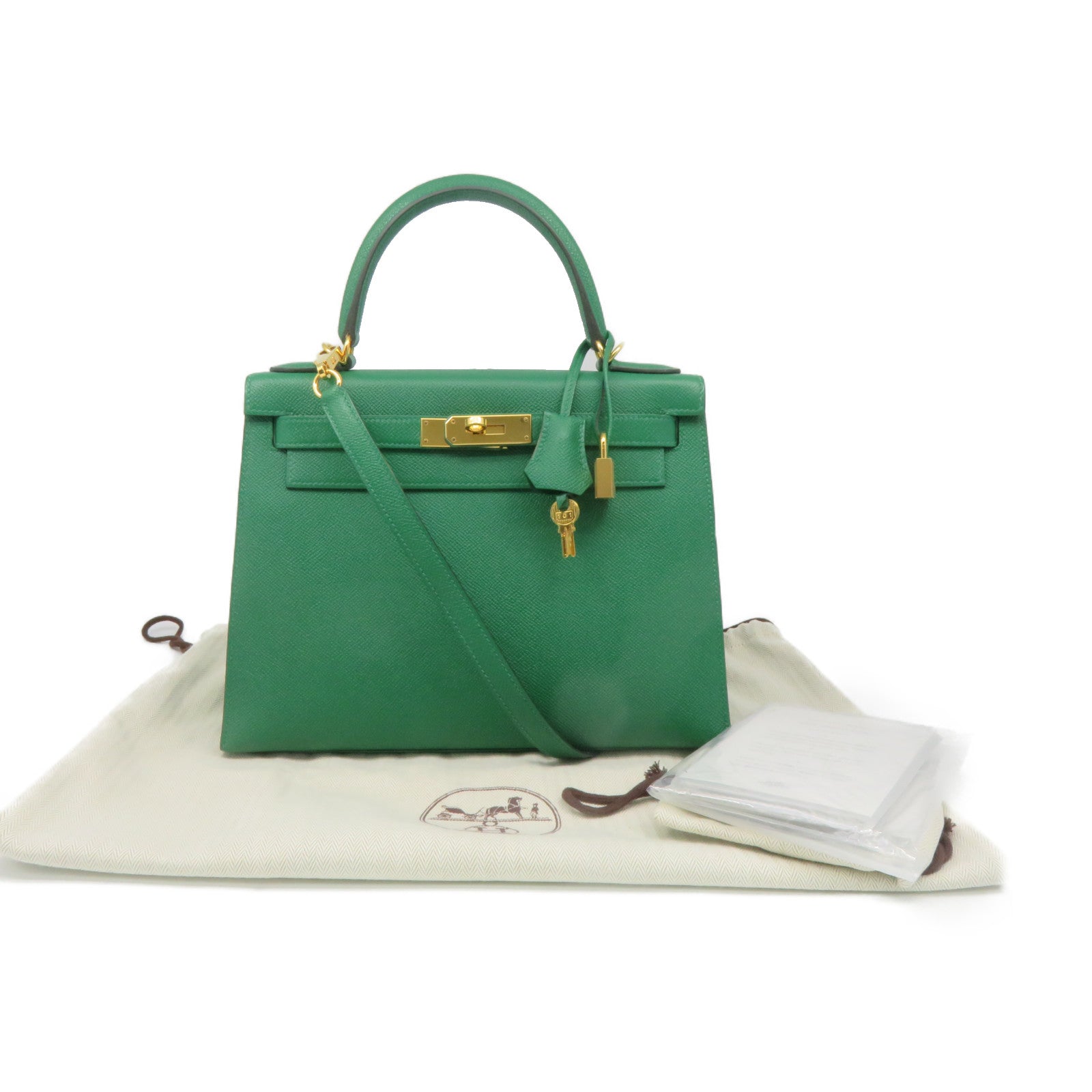 HERMES Epsom皮革Kelly 28金扣手挽肩背兩用袋飽和綠色