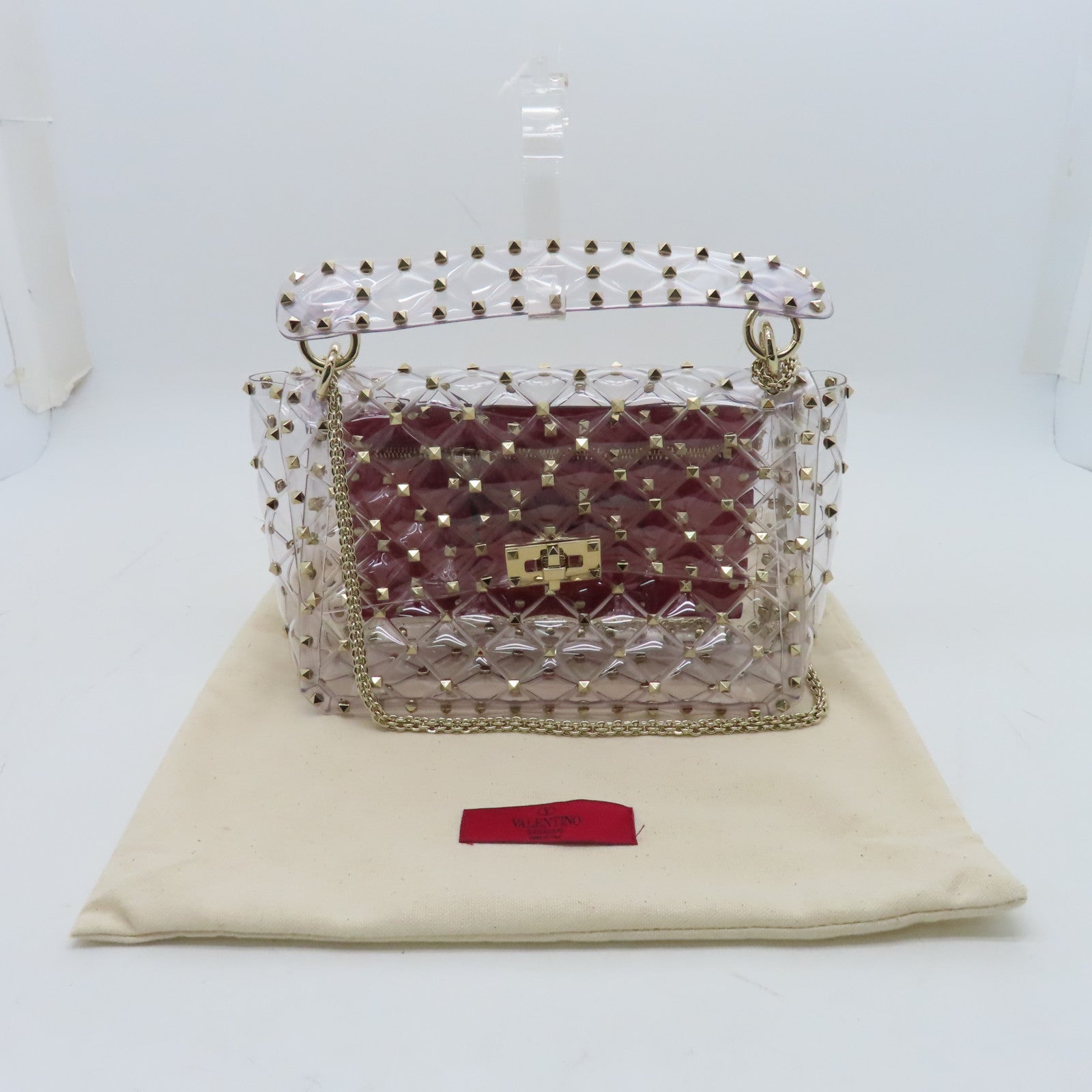Valentino 菱格PVC 2way Shoulder Bag金扣手挽肩背兩用袋紅色/透明