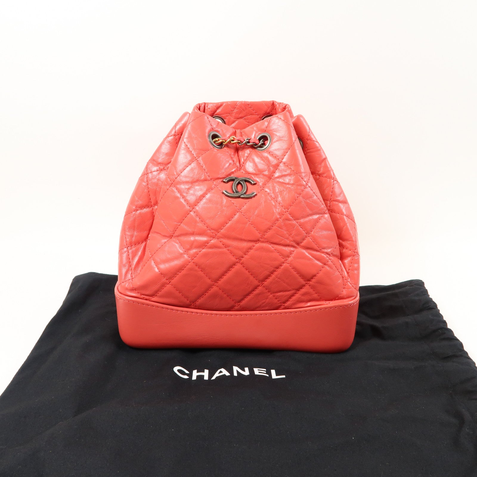 CHANEL 菱格牛皮皮革Gabrielle Backpack銀扣背包紅色