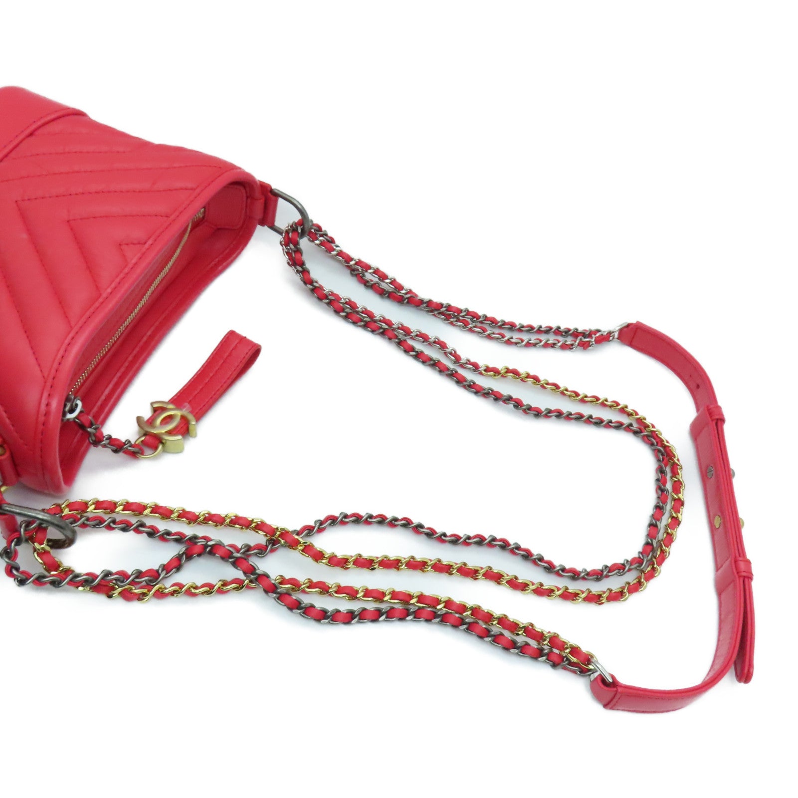 CHANEL 斜纹牛皮皮革Small Gabrielle链条肩背袋红色