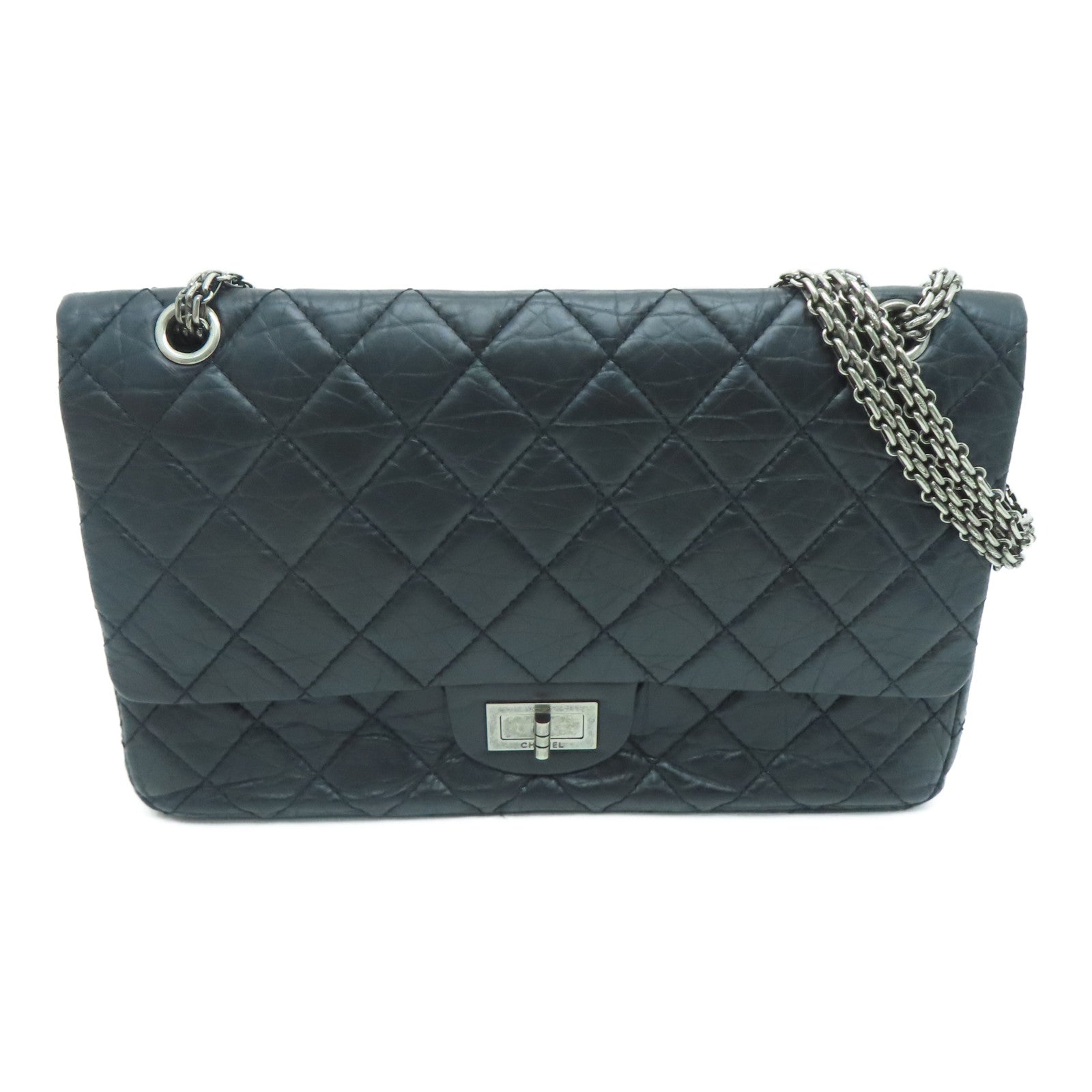 CHANEL [Sharp Discount] Lingge Aged Calf Leather 2.55 Chain Shoulder Silver Buckle Shoulder Bag Black