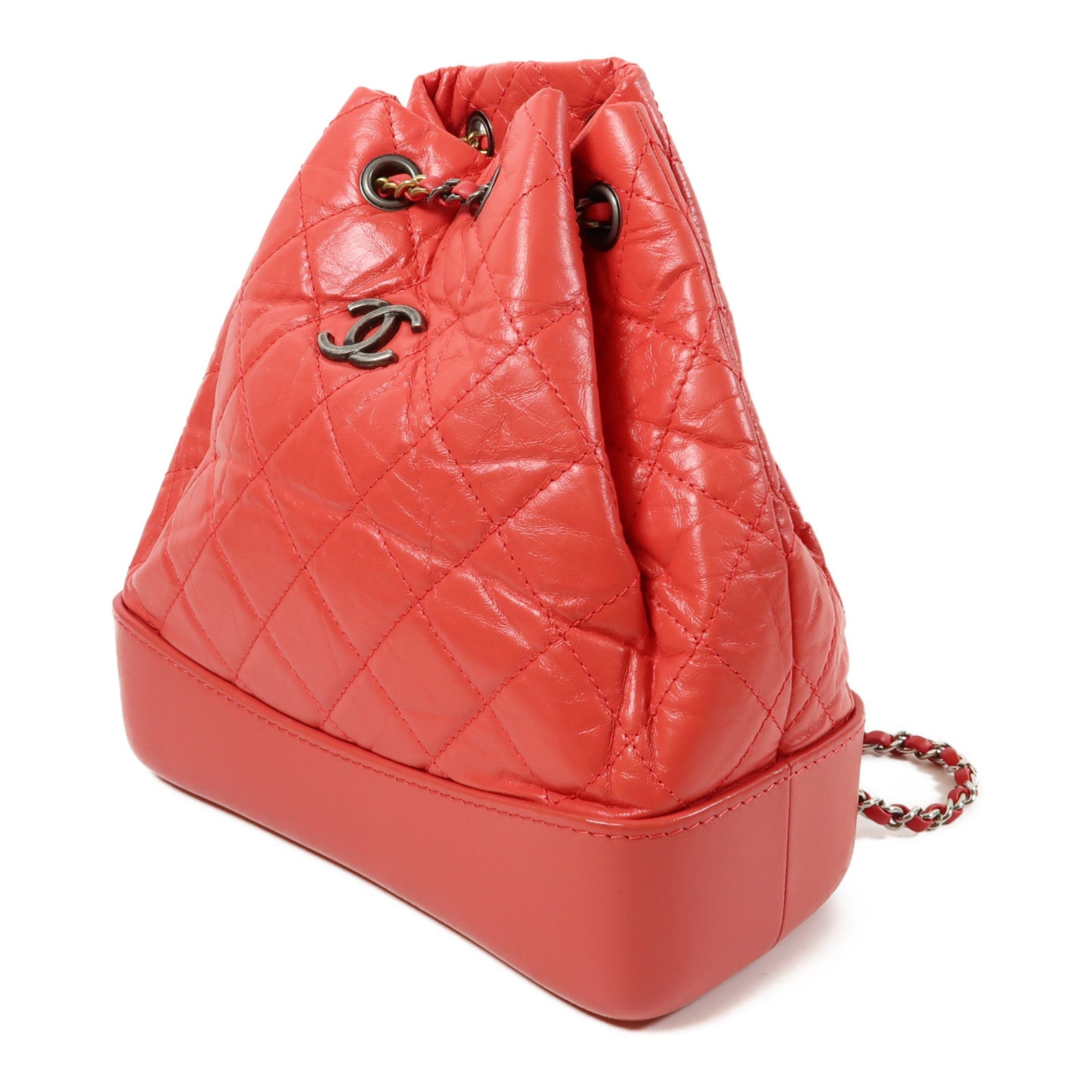 CHANEL 菱格牛皮皮革Gabrielle Backpack銀扣背包紅色