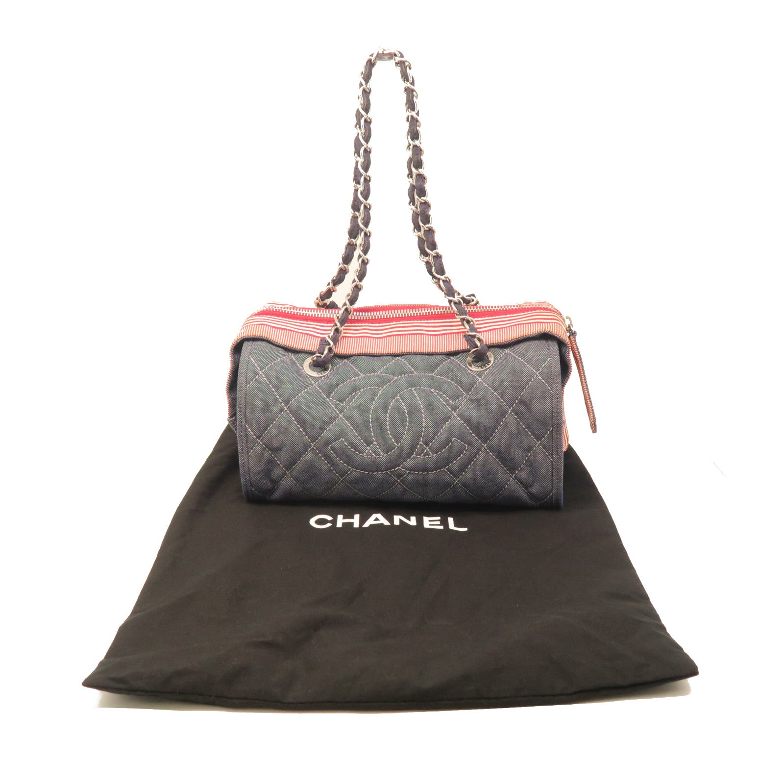 CHANEL Rhombus Canvas Chain Shoulder Silver Buckle Chain Shoulder Bag Blue/Red