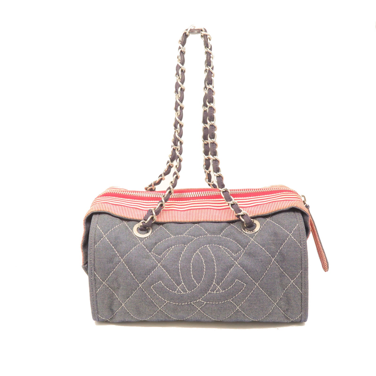CHANEL Rhombus Canvas Chain Shoulder Silver Buckle Chain Shoulder Bag Blue/Red