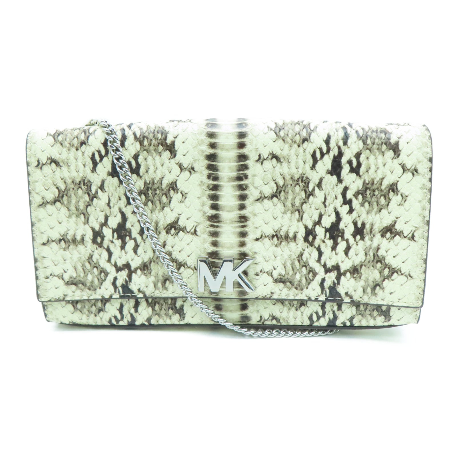 Michael Kors 仿蛇牛皮皮革Chain Shoulder銀扣鏈帶肩背袋白色
