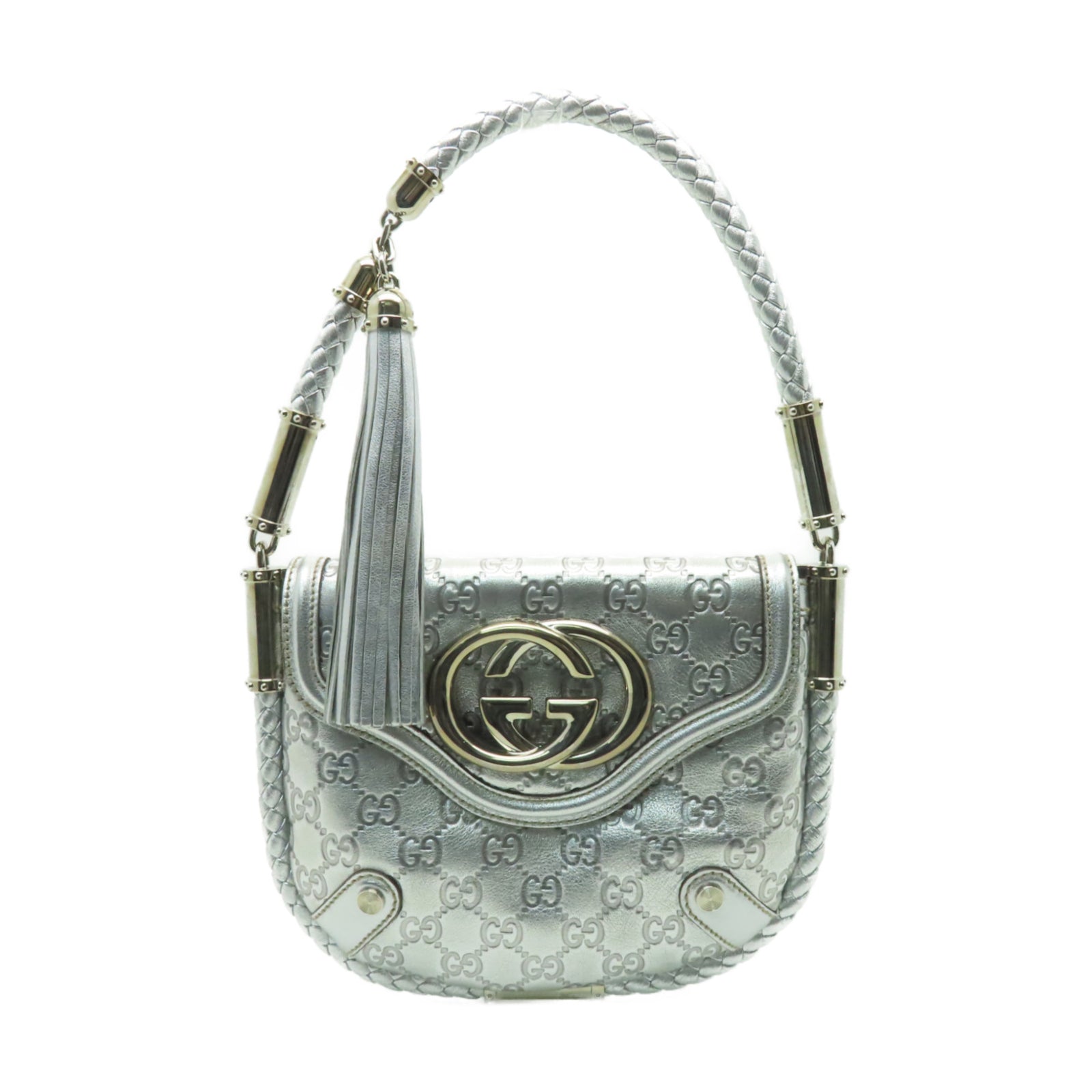 GUCCI 皮革Hand Bag銀扣手挽袋銀色