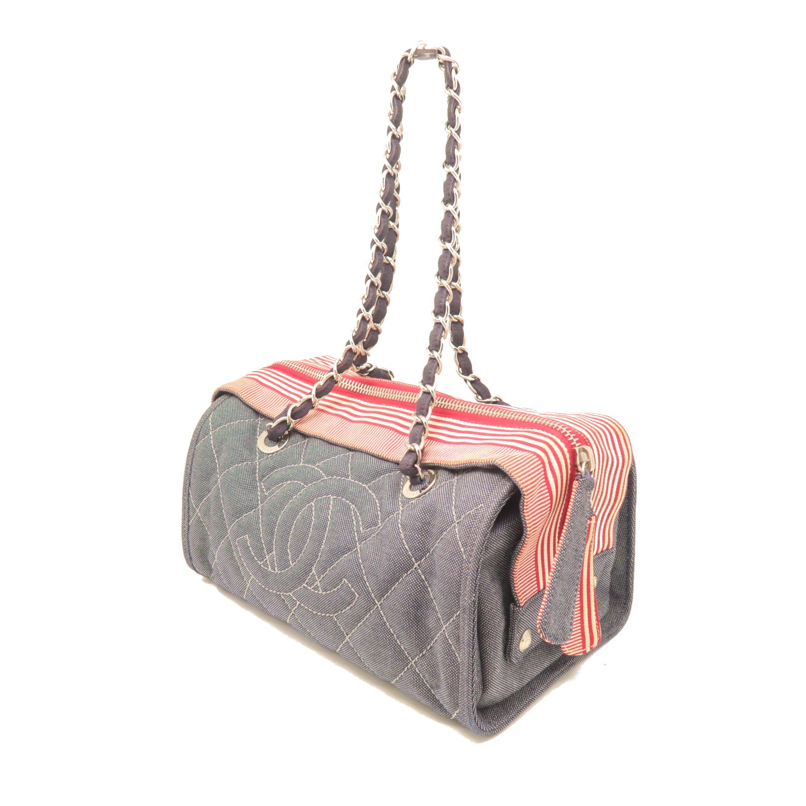 CHANEL Rhombus Canvas Chain Shoulder Silver Buckle Chain Shoulder Bag Blue/Red