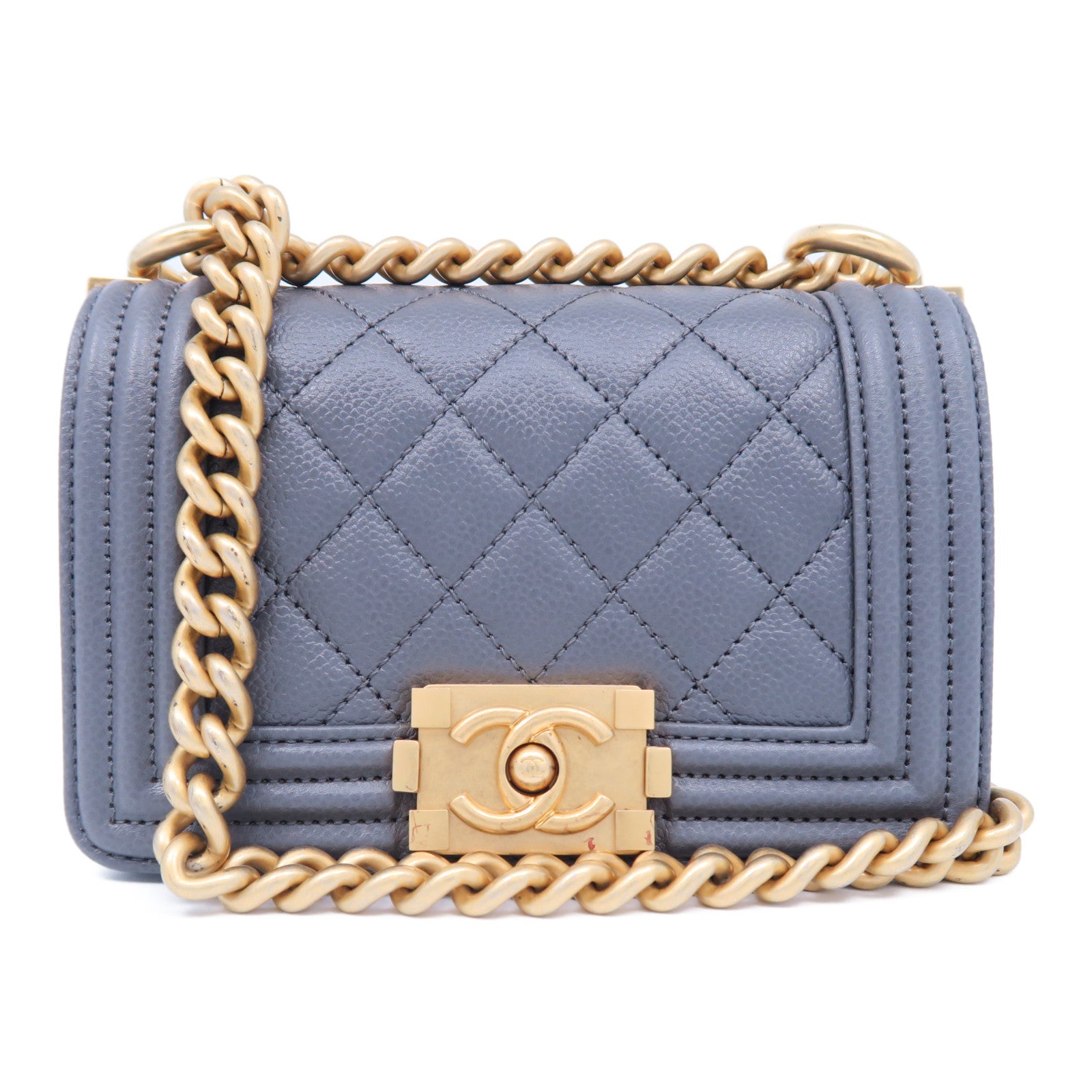 CHANEL 菱格牛皮皮革Mini Boy金扣鏈帶肩背袋灰色