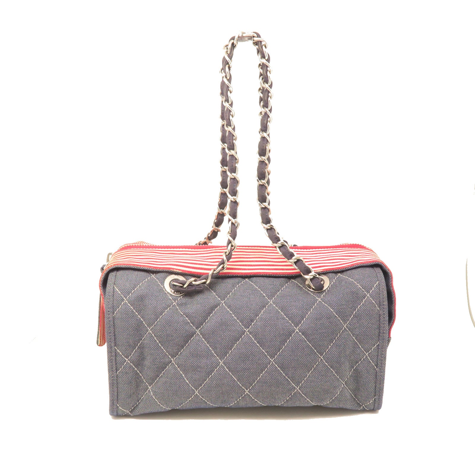 CHANEL Rhombus Canvas Chain Shoulder Silver Buckle Chain Shoulder Bag Blue/Red