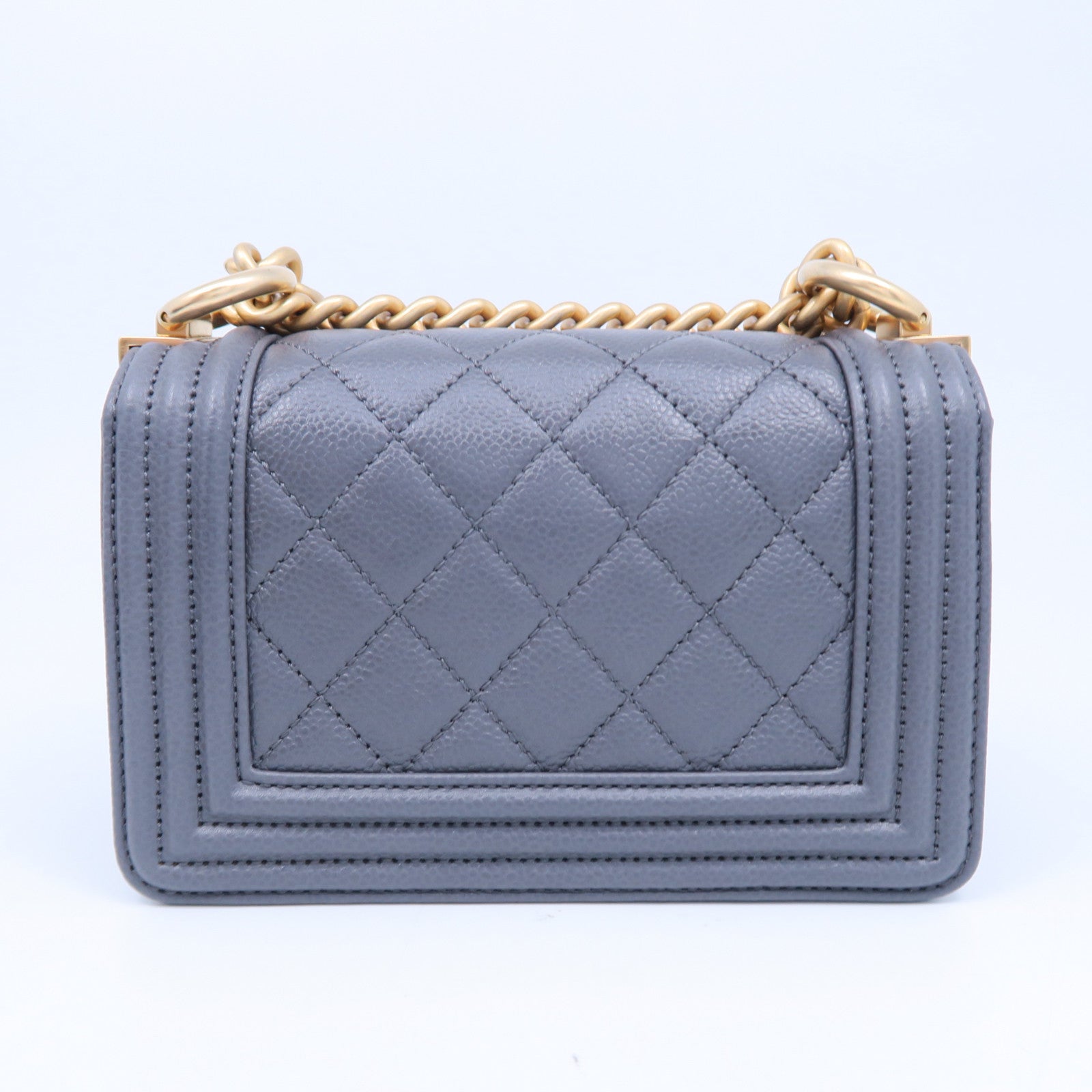 CHANEL 菱格牛皮皮革Mini Boy金扣鏈帶肩背袋灰色