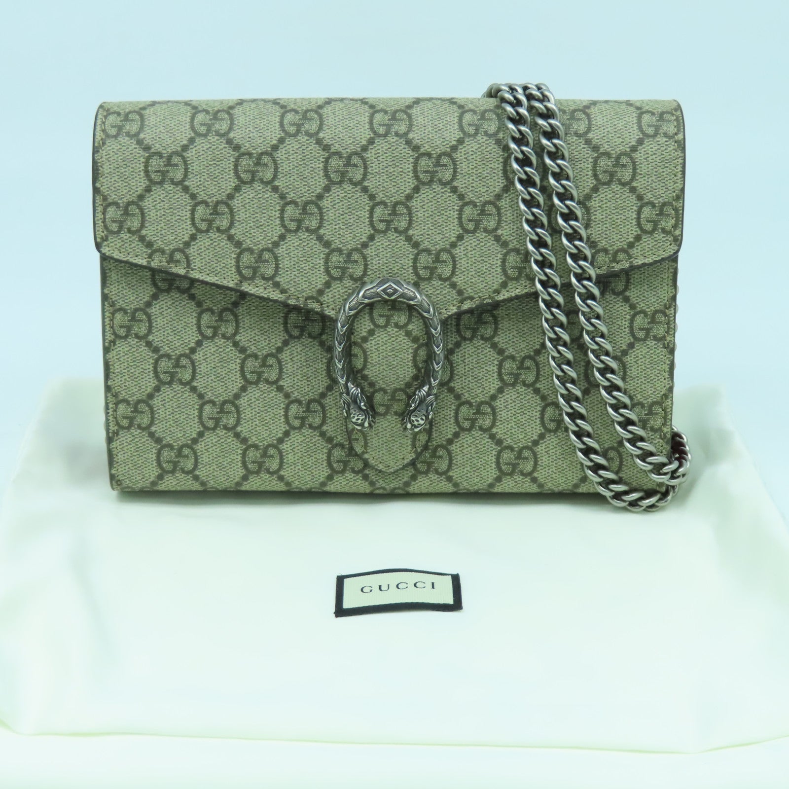 GUCCI 塗層帆布Dionysus GG銀扣鏈帶肩背袋啡色/紅色
