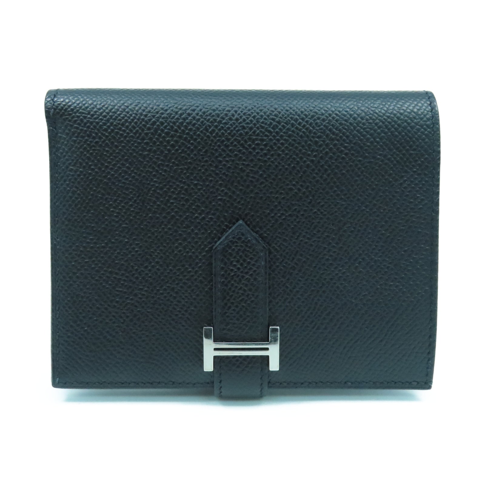 HERMES Epsom Leather Bearn Compact Silver Buckle Wallet Black