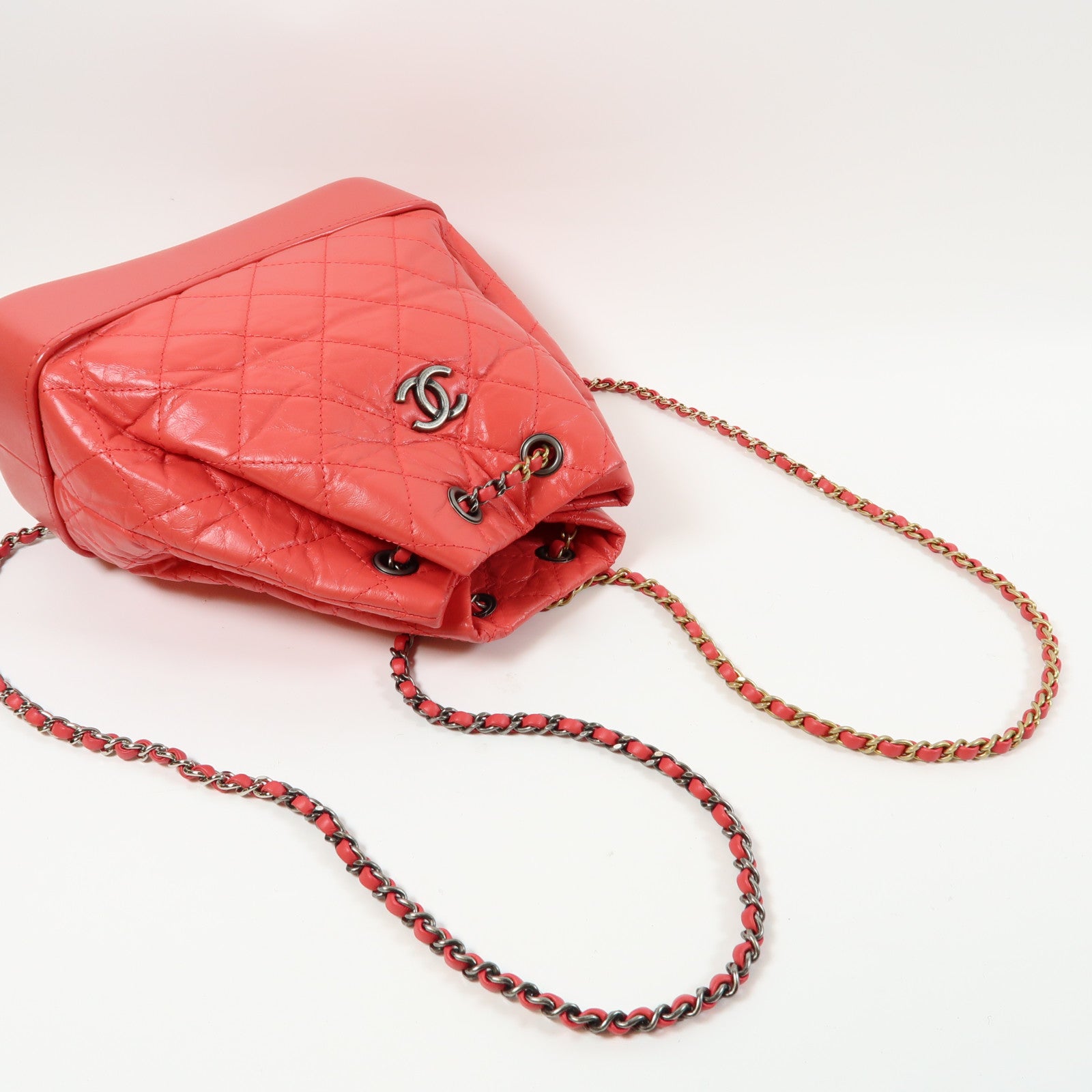 CHANEL 菱格牛皮皮革Gabrielle Backpack銀扣背包紅色