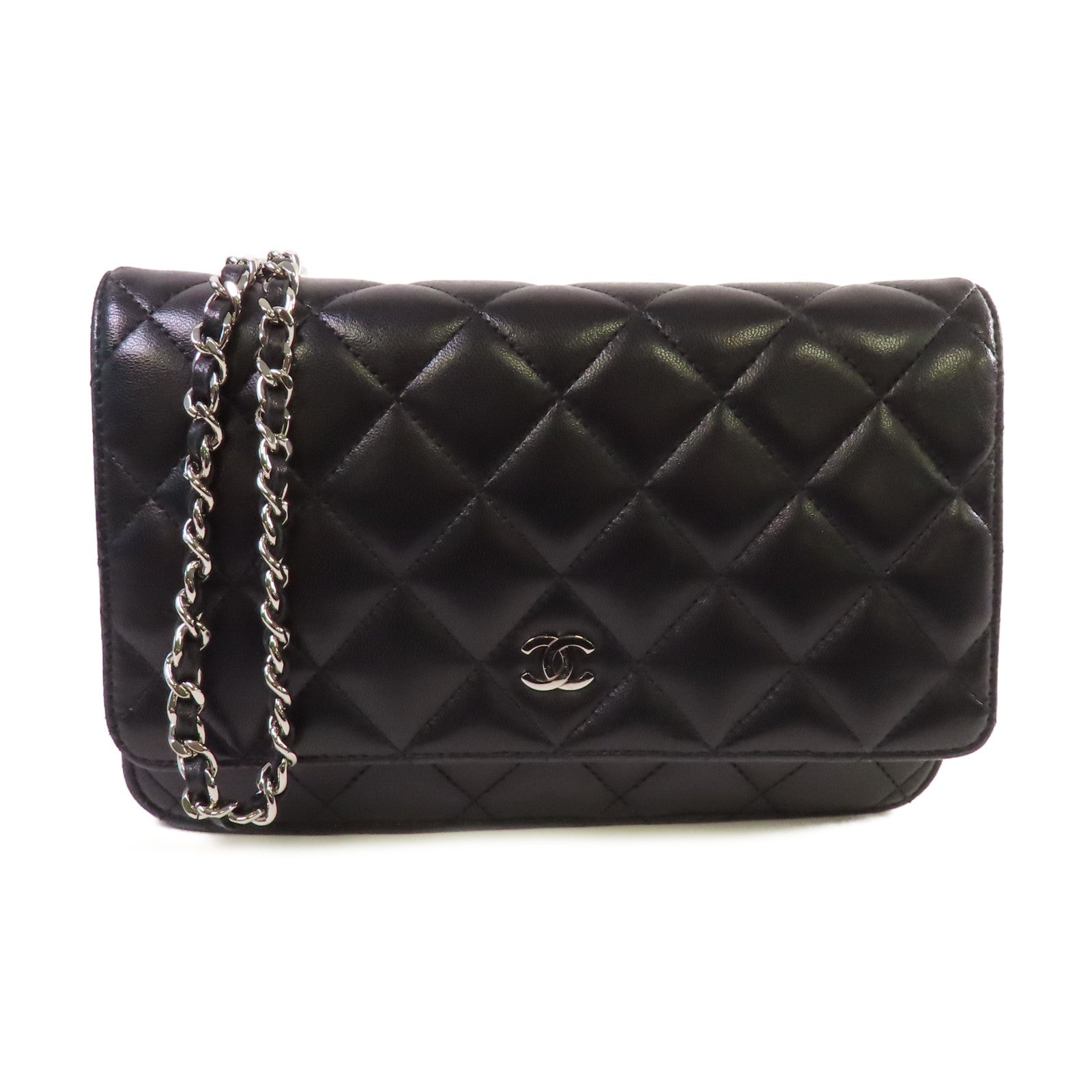 CHANEL 菱格羊皮皮革WOC Shoulder Bag銀扣鏈帶肩背袋黑色