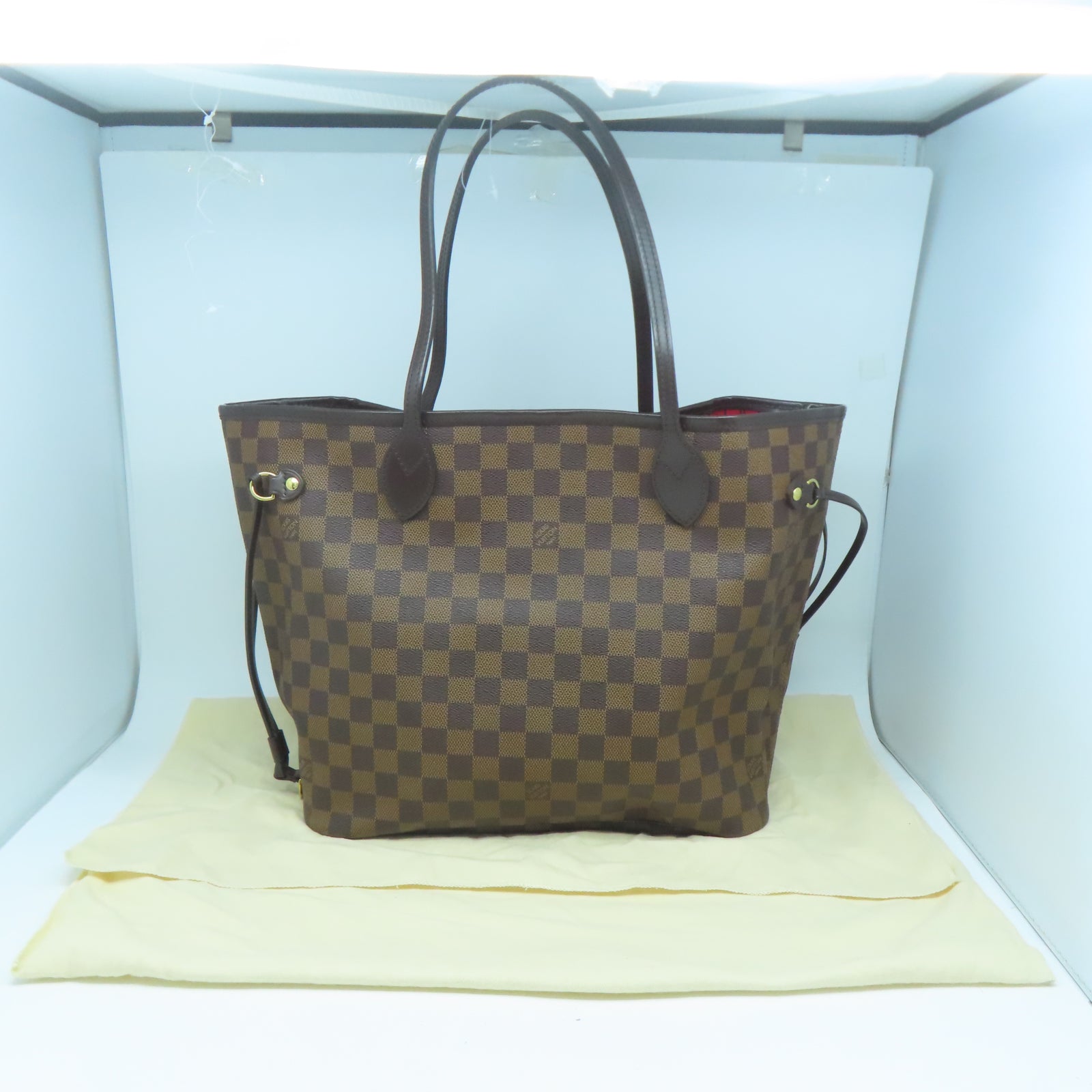 LOUIS VUITTON Damier Neverfull MM金扣手挽袋棕色
