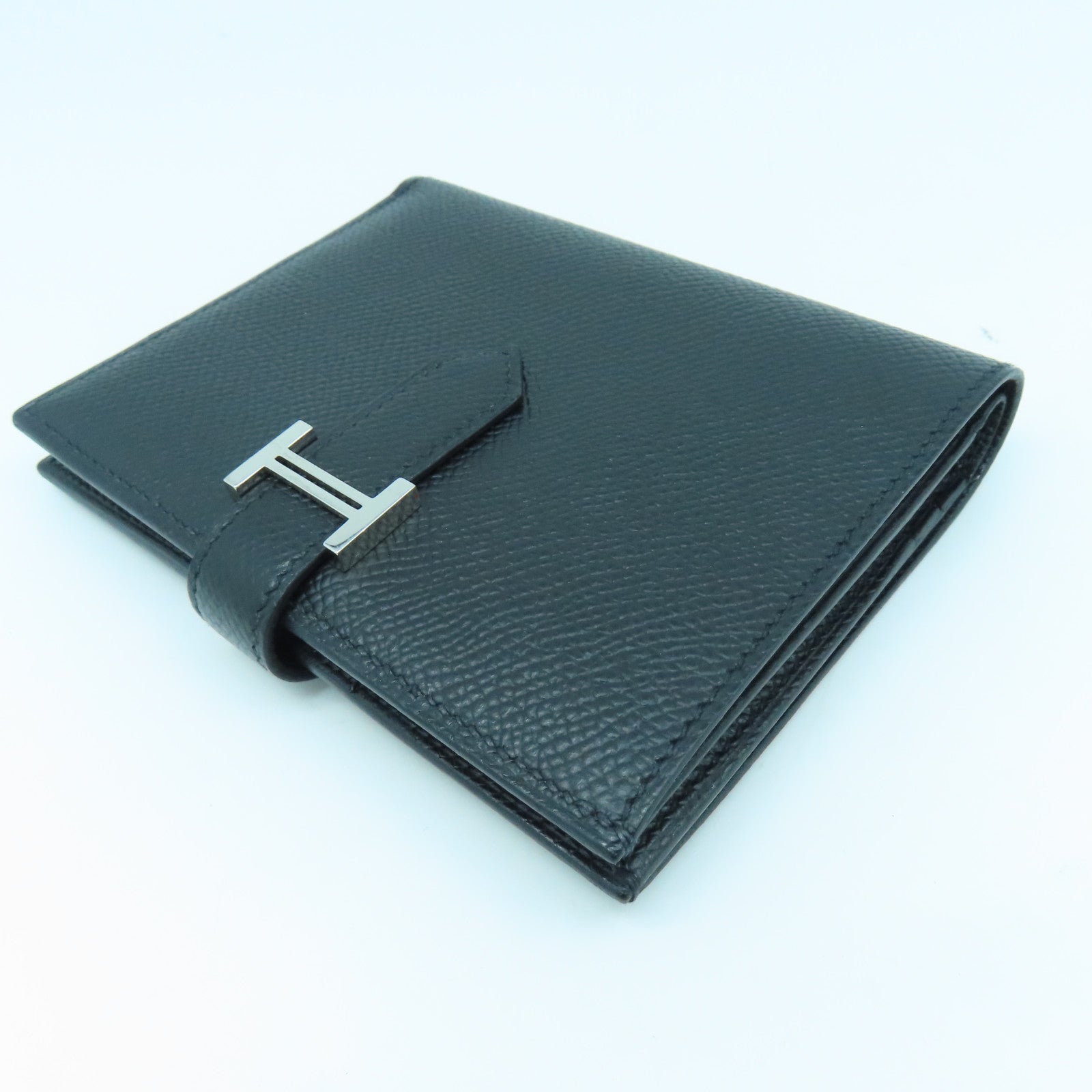 HERMES Epsom Leather Bearn Compact Silver Buckle Wallet Black
