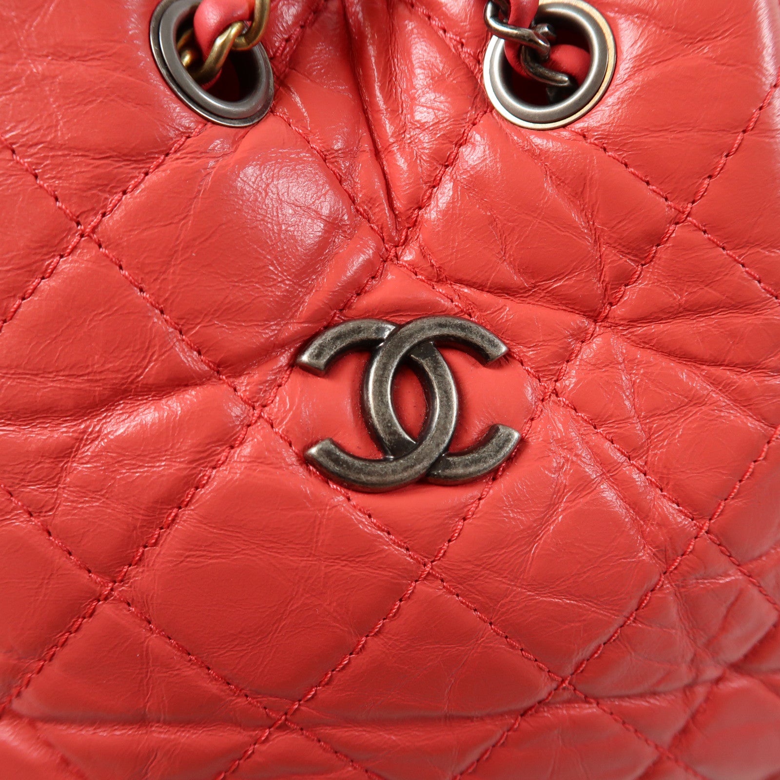 CHANEL 菱格牛皮皮革Gabrielle Backpack銀扣背包紅色
