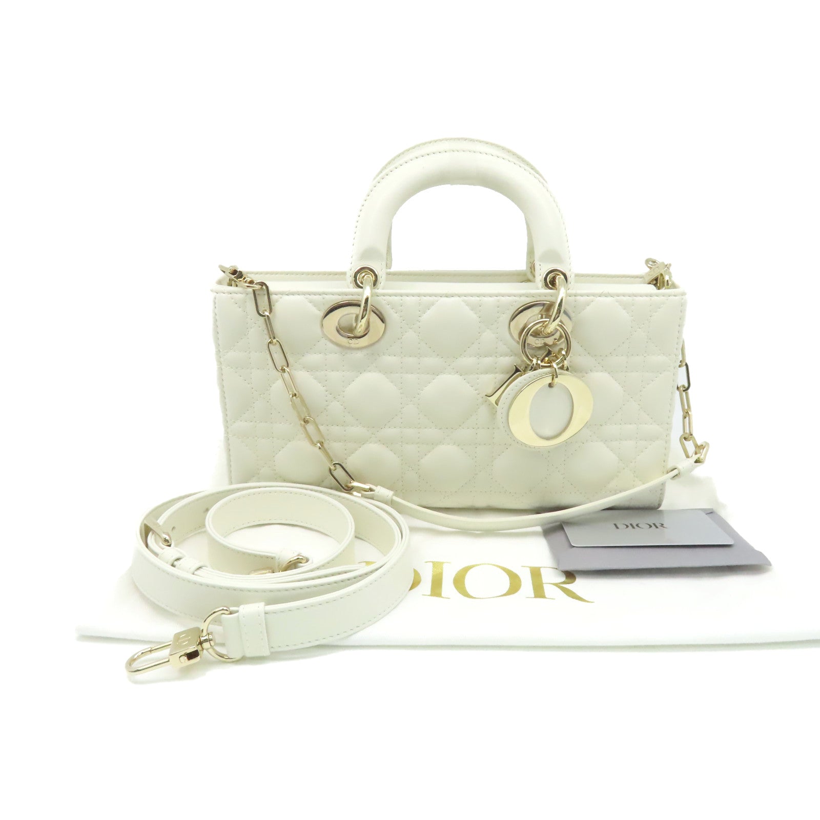 Dior 羊皮皮革Lady D-Joy 2Way Shoulder Bag金扣手挽肩背兩用袋米白色