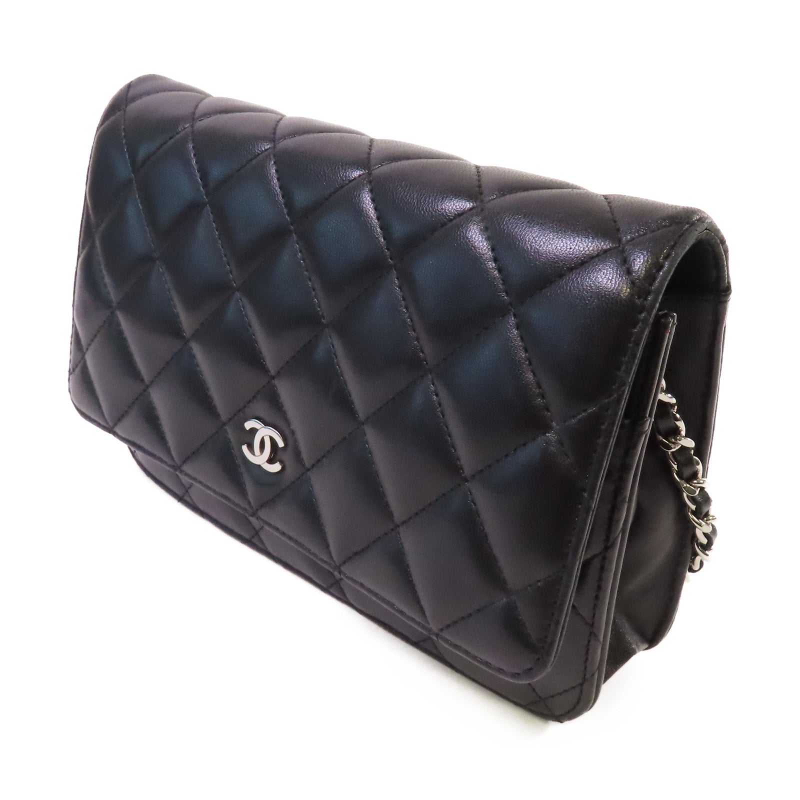 CHANEL 菱格羊皮皮革WOC Shoulder Bag銀扣鏈帶肩背袋黑色