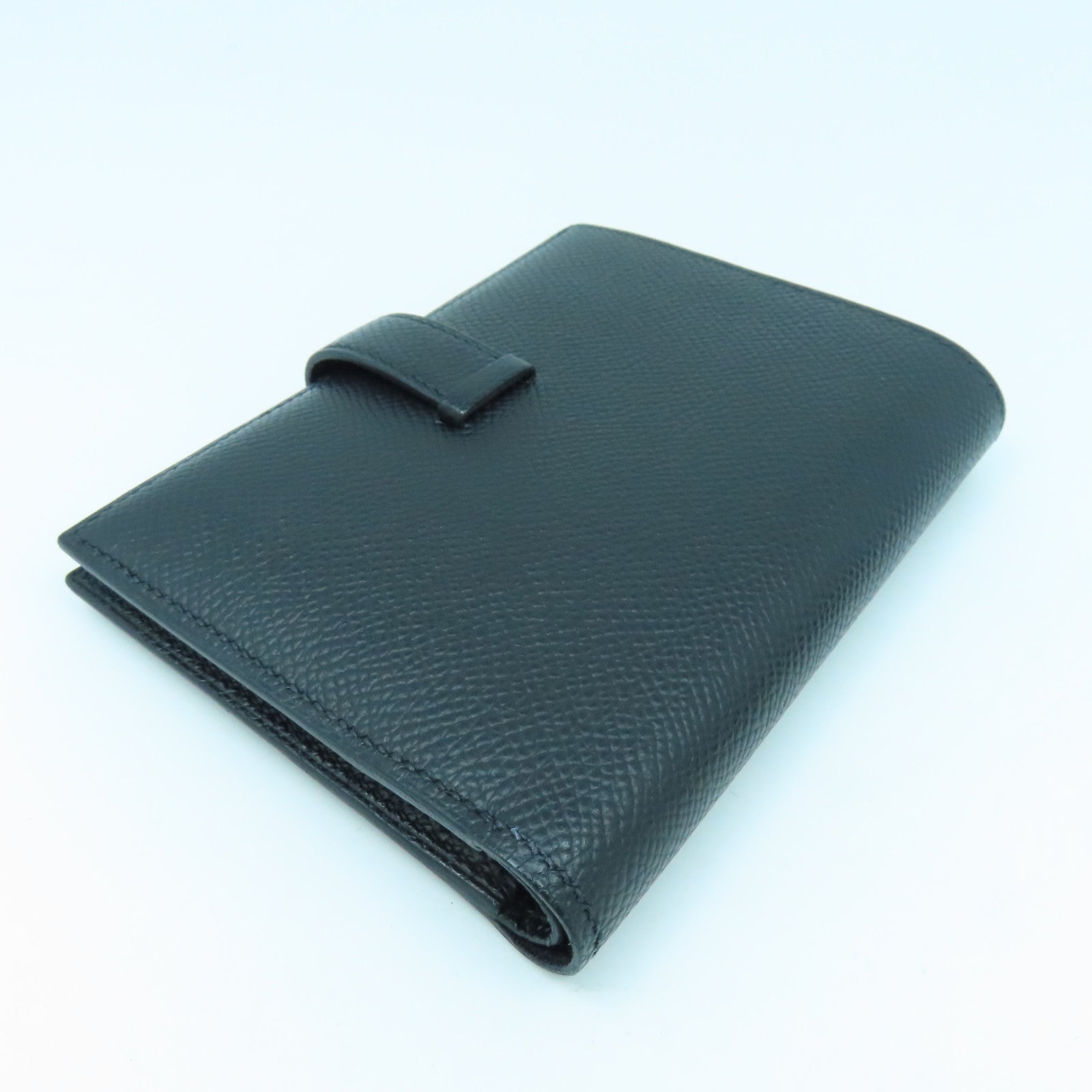 HERMES Epsom Leather Bearn Compact Silver Buckle Wallet Black