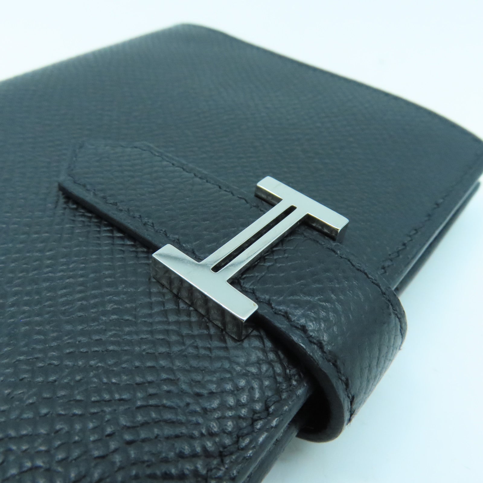 HERMES Epsom Leather Bearn Compact Silver Buckle Wallet Black