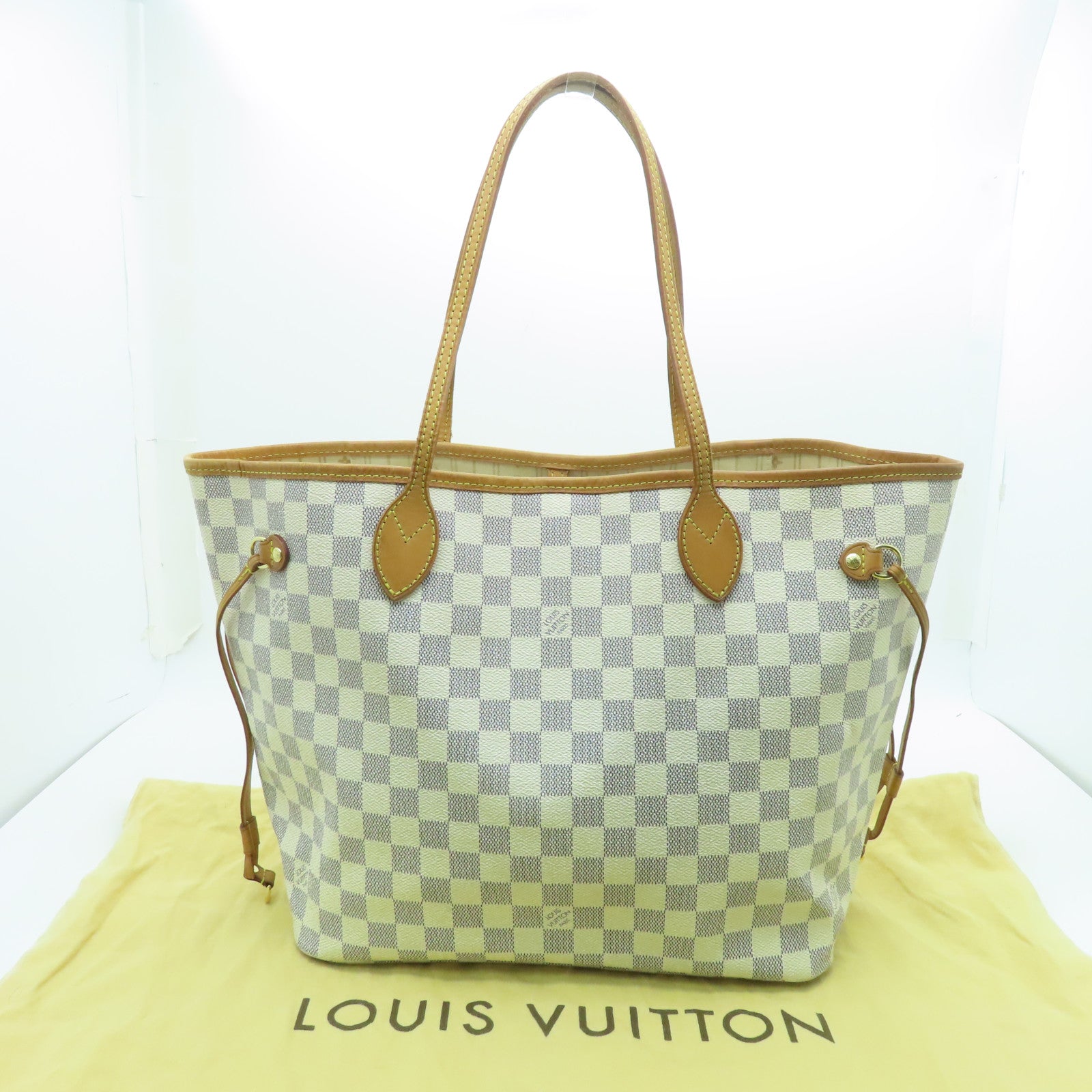 LOUIS VUITTON Damier Azur Neverfull MM金扣手挽袋白色