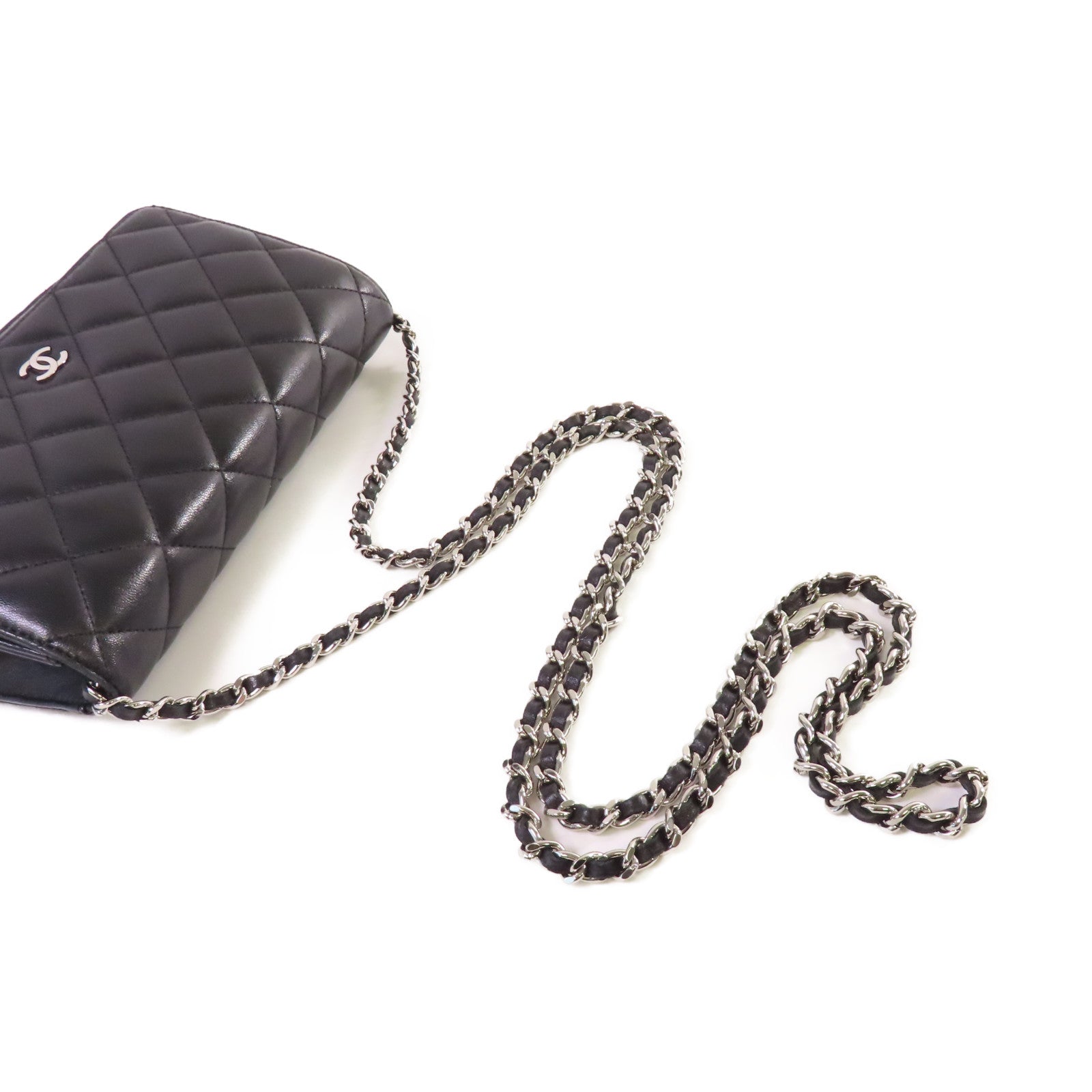 CHANEL 菱格羊皮皮革WOC Shoulder Bag銀扣鏈帶肩背袋黑色