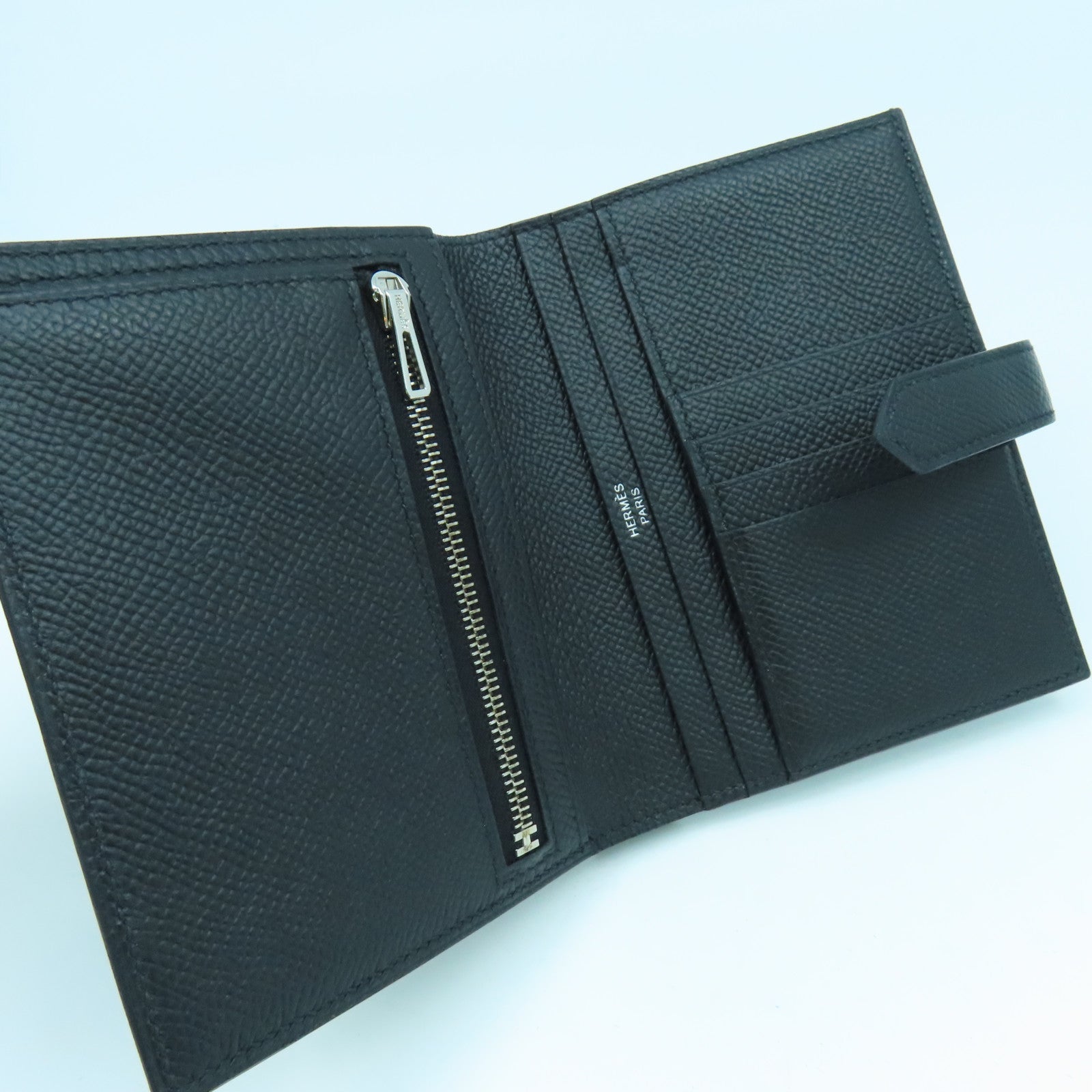HERMES Epsom Leather Bearn Compact Silver Buckle Wallet Black