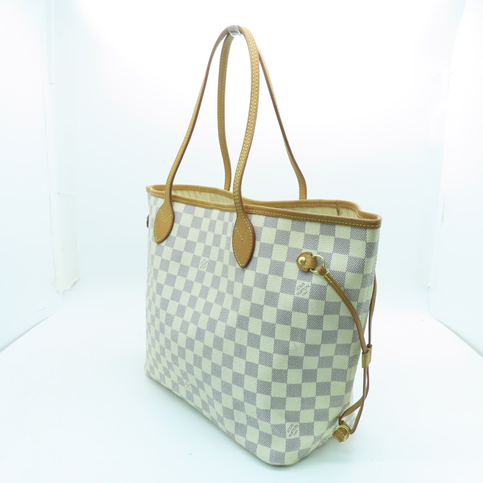 LOUIS VUITTON Damier Azur Neverfull MM金扣手挽袋白色
