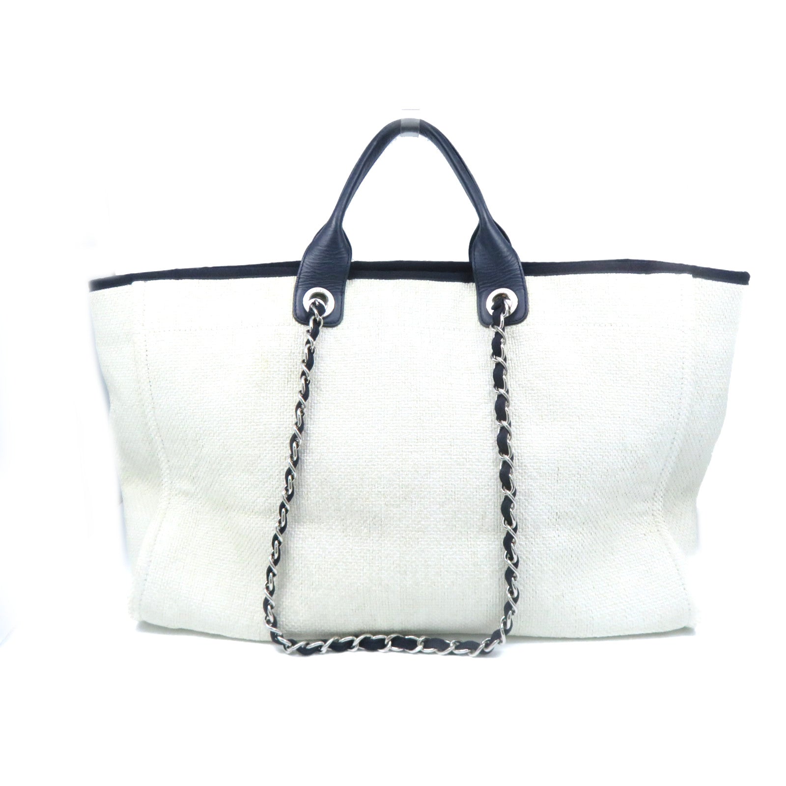 CHANEL 帆布2Way Chain Shoulder Bag銀扣鏈帶手挽肩背兩用袋白色/寶藍色