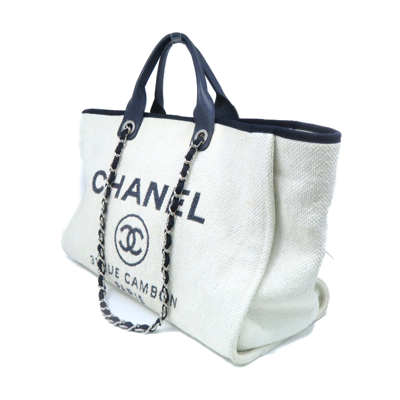 CHANEL 帆布2Way Chain Shoulder Bag銀扣鏈帶手挽肩背兩用袋白色/寶藍色