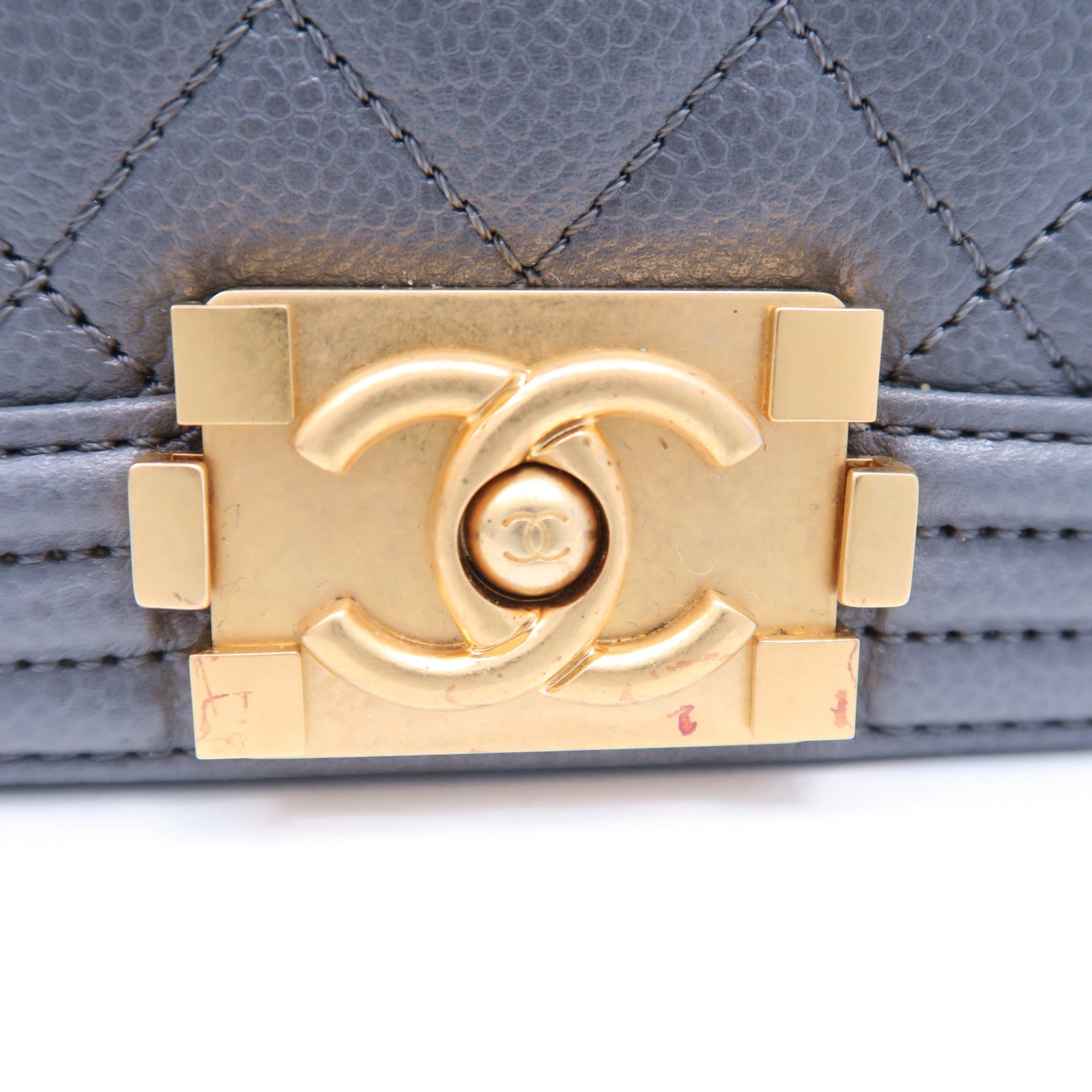 CHANEL 菱格牛皮皮革Mini Boy金扣鏈帶肩背袋灰色