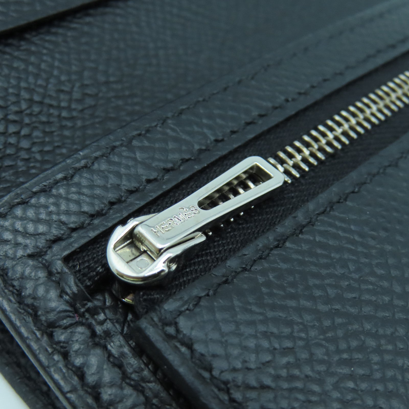 HERMES Epsom Leather Bearn Compact Silver Buckle Wallet Black