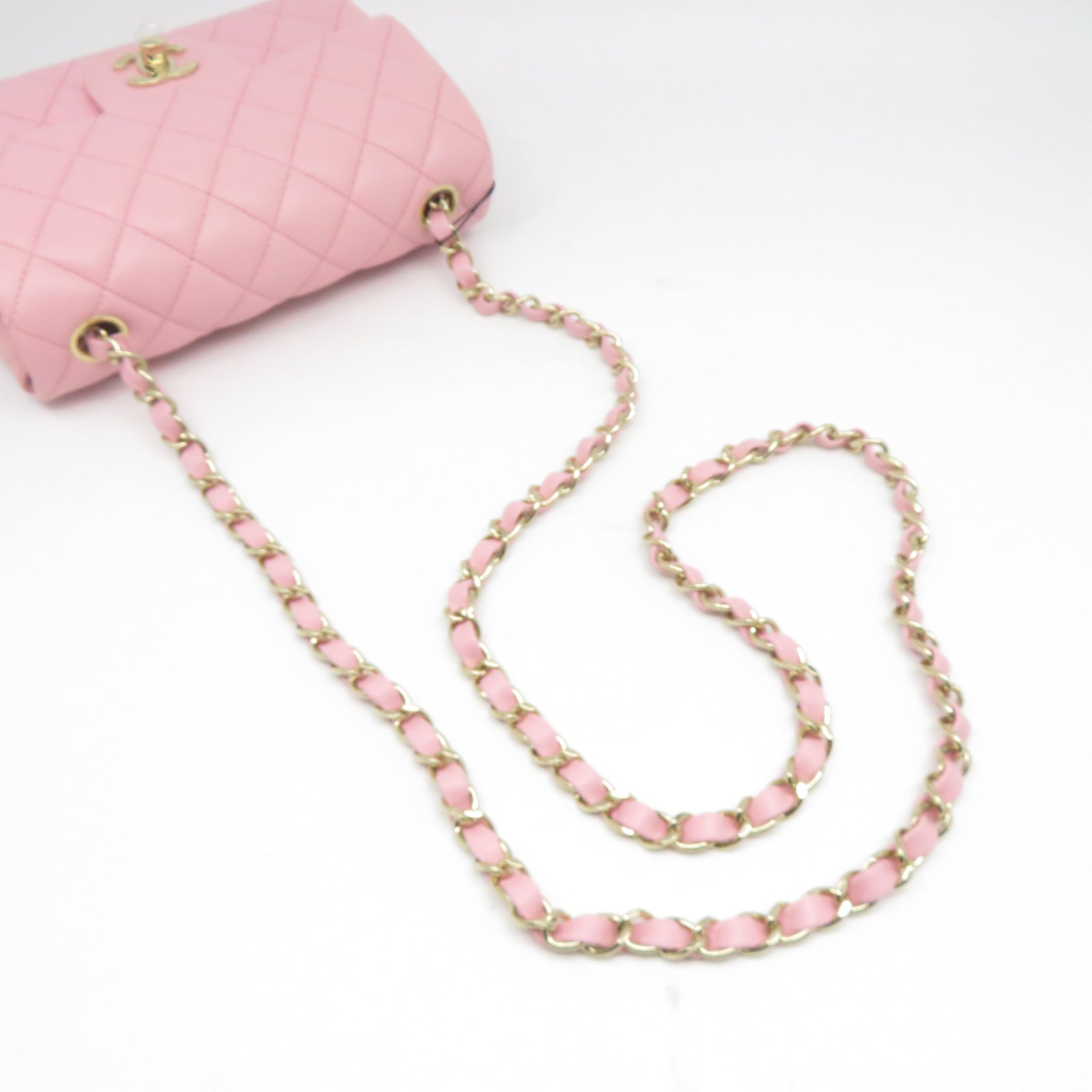 CHANEL 菱格羊皮皮革Classic 20cm金扣鏈帶肩背袋粉紅色