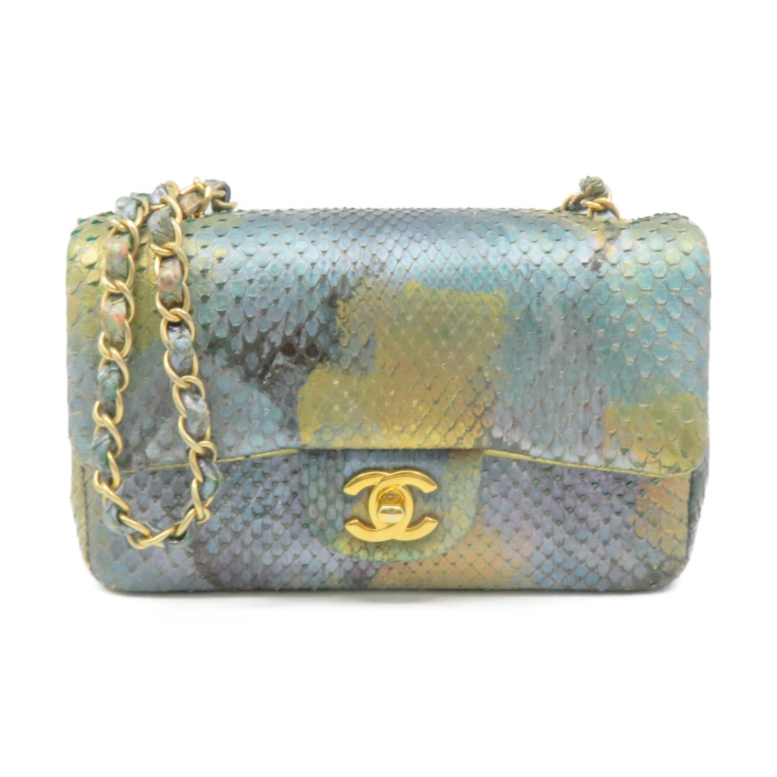 CHANEL 【激減優惠】蛇皮皮革Chain Shoulder Bag金扣鏈帶肩背袋藍色/金色