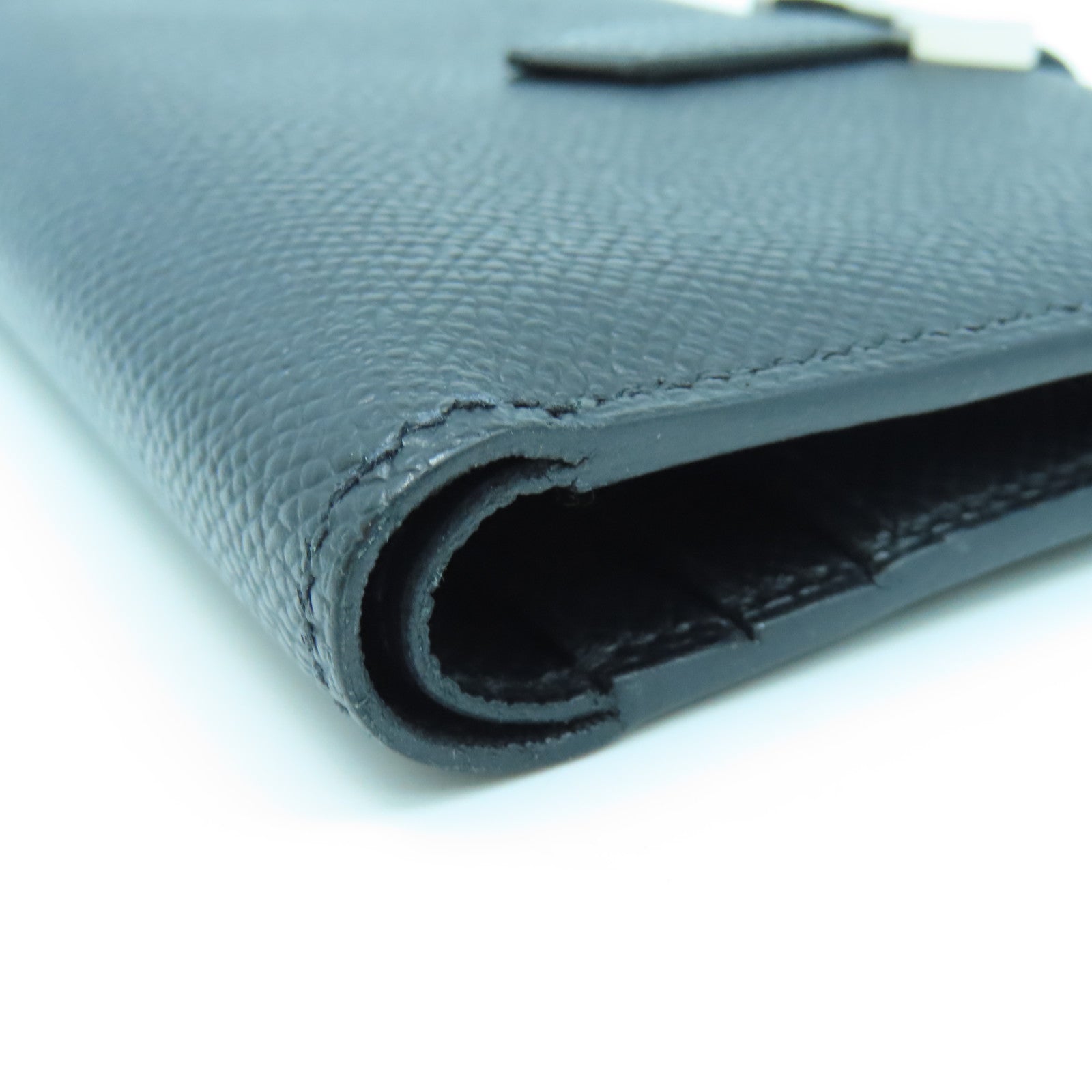 HERMES Epsom Leather Bearn Compact Silver Buckle Wallet Black